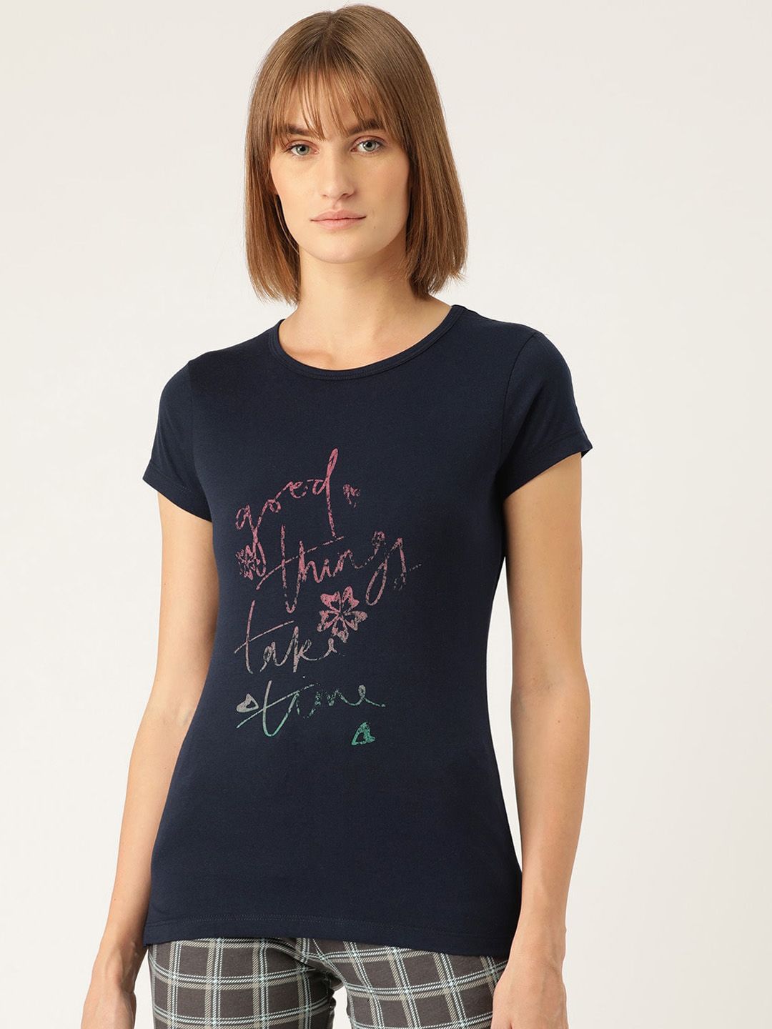 Sweet Dreams Women Navy Blue Printed Lounge Tshirts Price in India