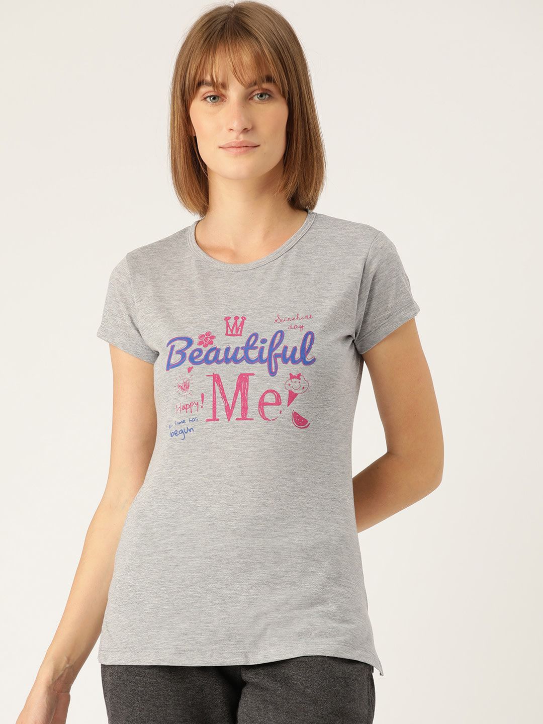 Sweet Dreams Women Grey & Pink Printed Cotton Lounge Tshirts Price in India