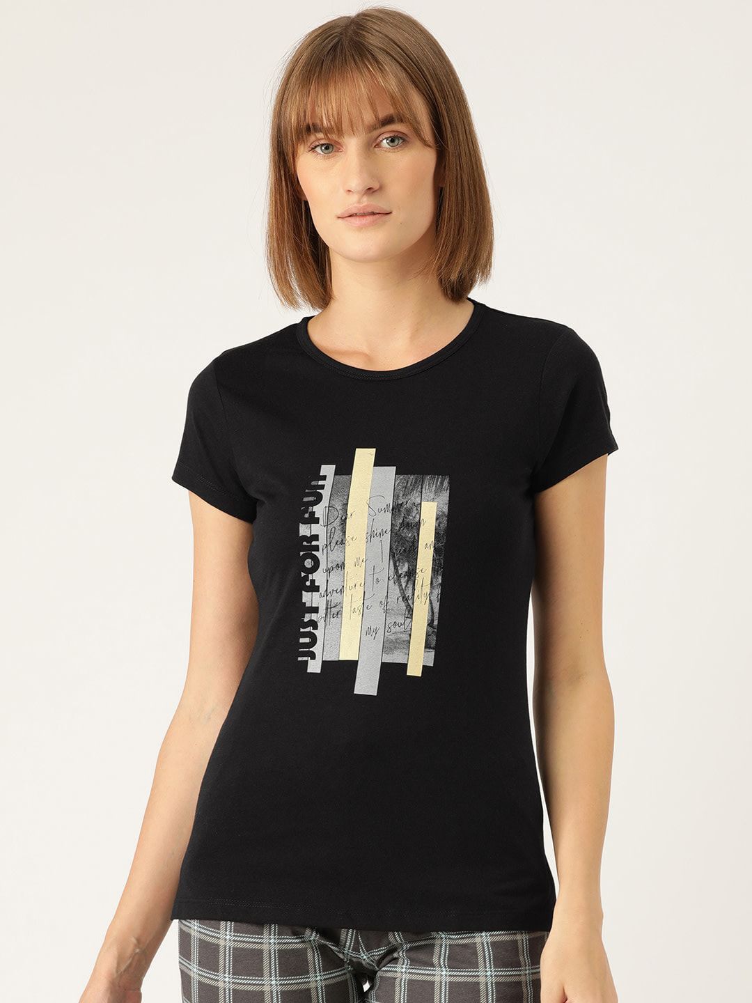 Sweet Dreams Women Black & Grey Printed Cotton Lounge T-shirt Price in India