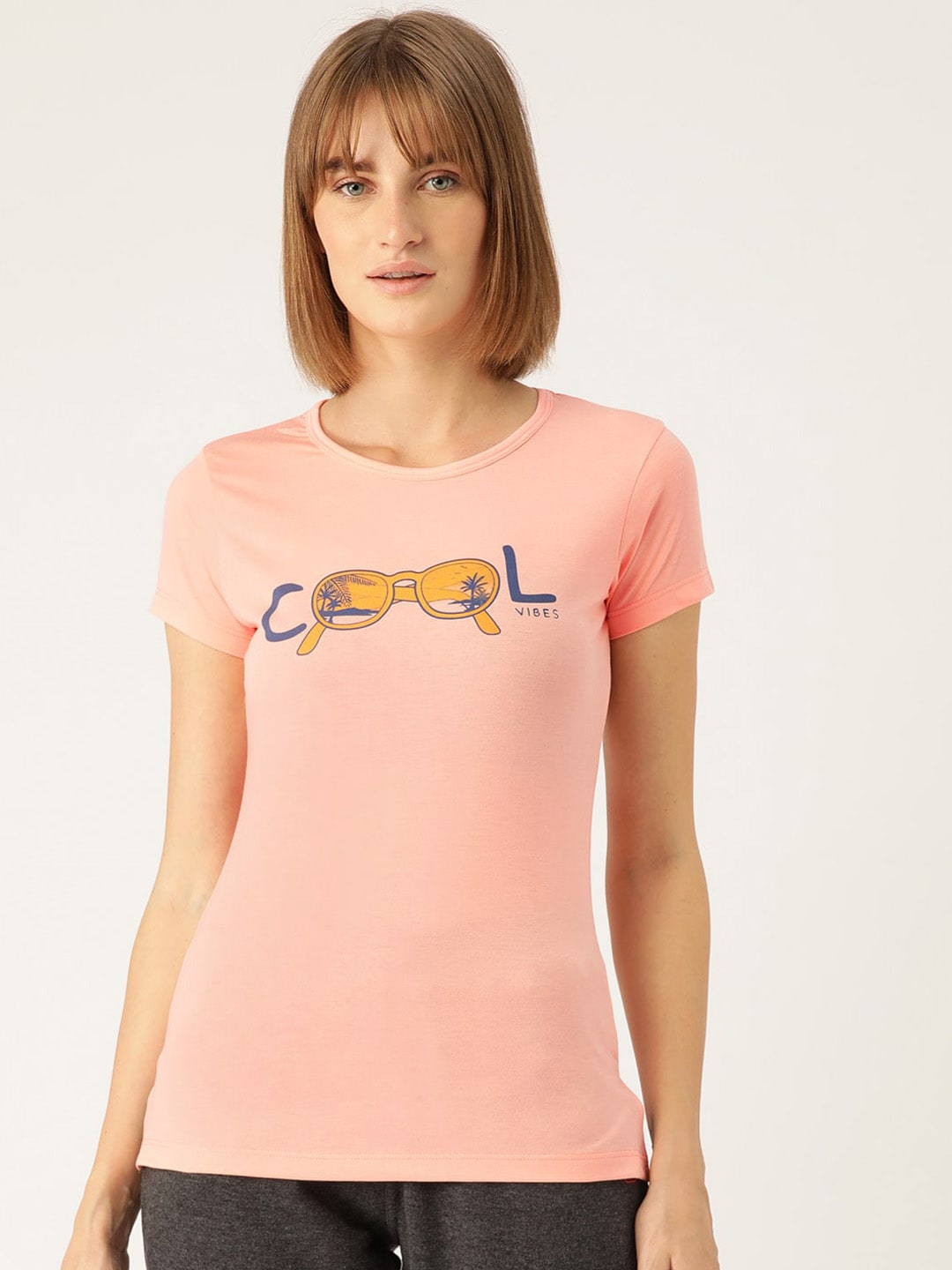 Sweet Dreams Women Pink & Yellow Printed Cotton Lounge Tshirts Price in India