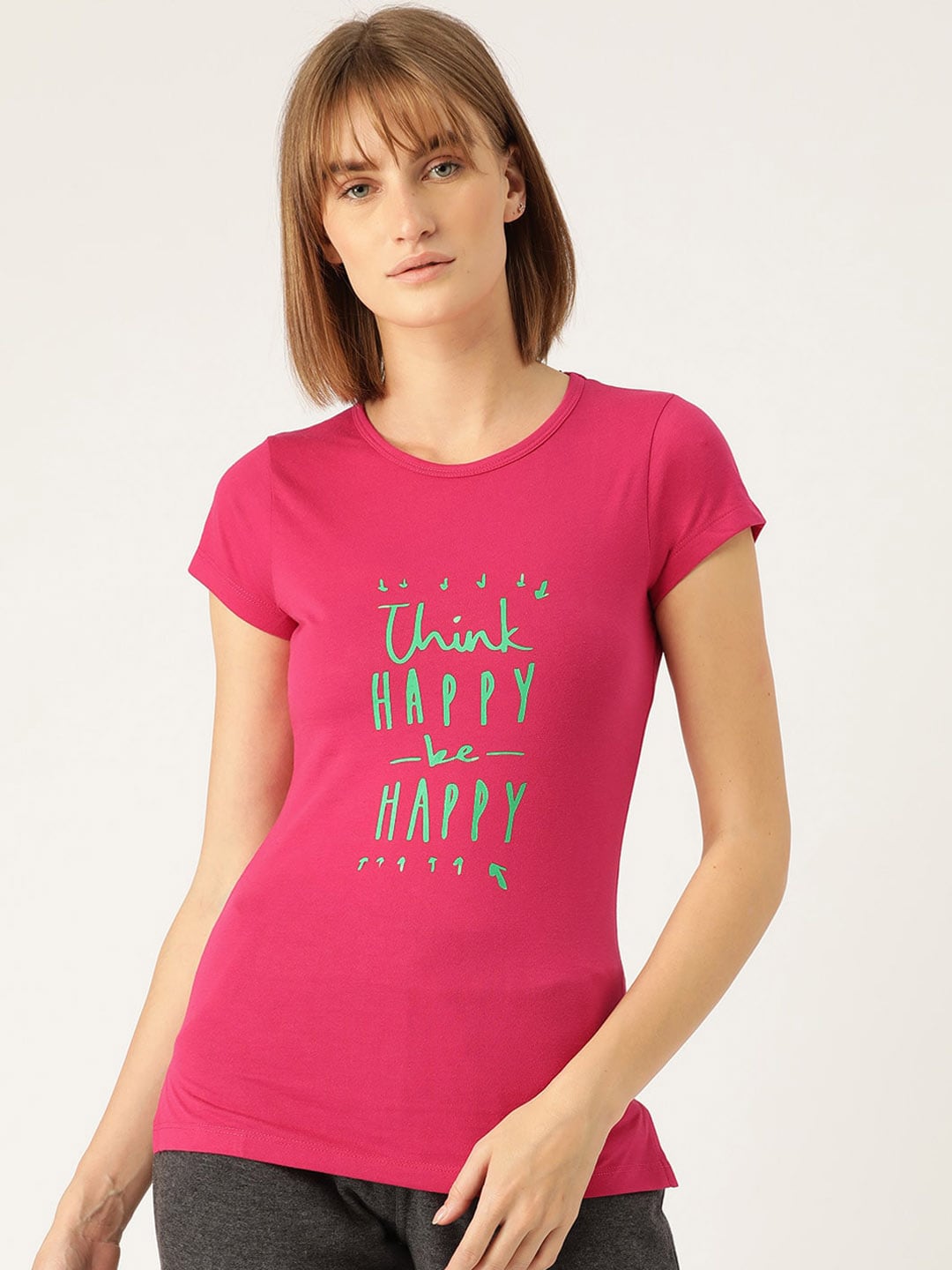 Sweet Dreams Women Pink & Green Typography Printed Lounge T-Shirts Price in India