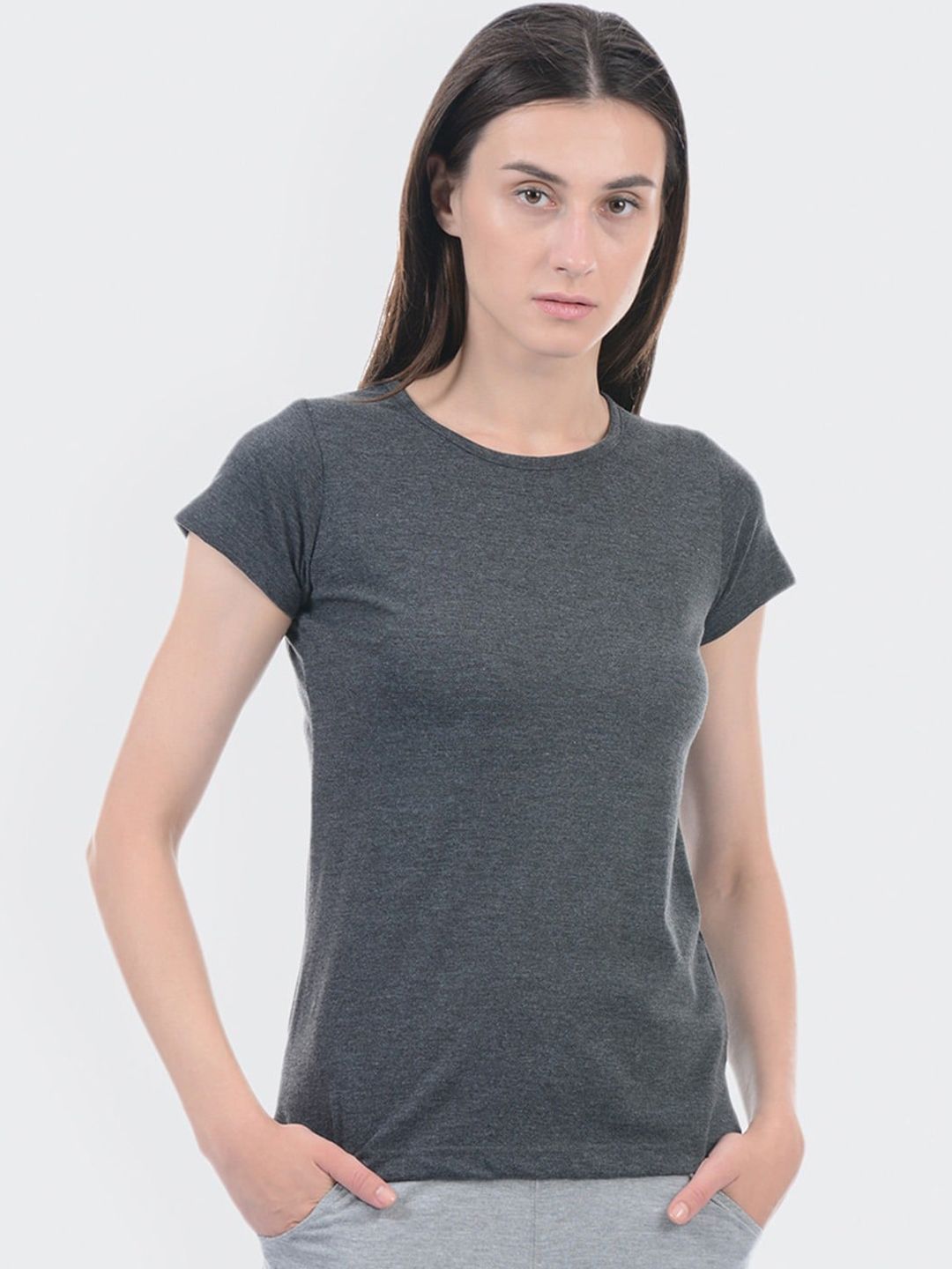 Sweet Dreams Women Charcoal Melange Women Solid Cotton Lounge T-Shirts Price in India
