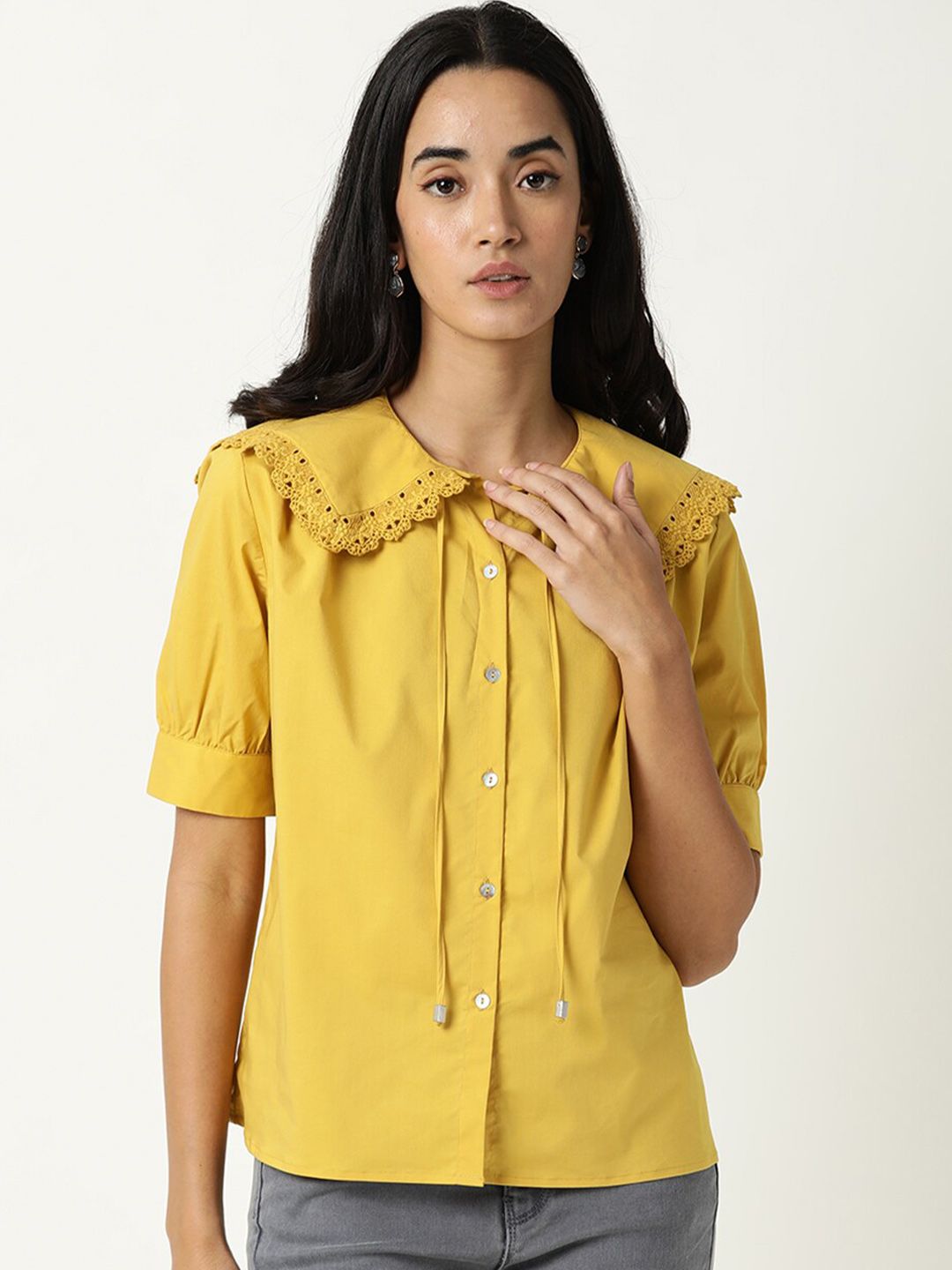 RAREISM Yellow Peter Pan Collar Shirt Style Top Price in India