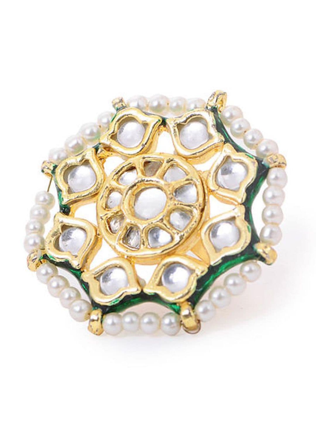Bamboo Tree Jewels  Gold-Plated White & Green Stone Studded Enameled Adjustable Finger Ring Price in India