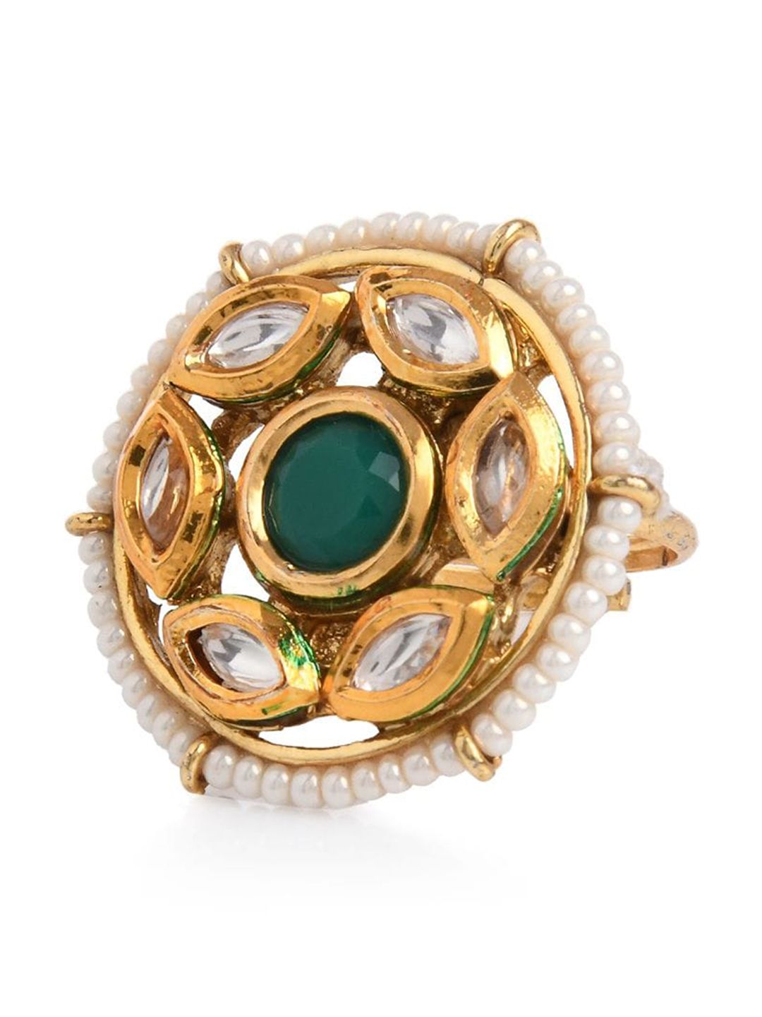 Bamboo Tree Jewels Gold-Plated Green & White Kundan-Studded & Beaded Finger Ring Price in India