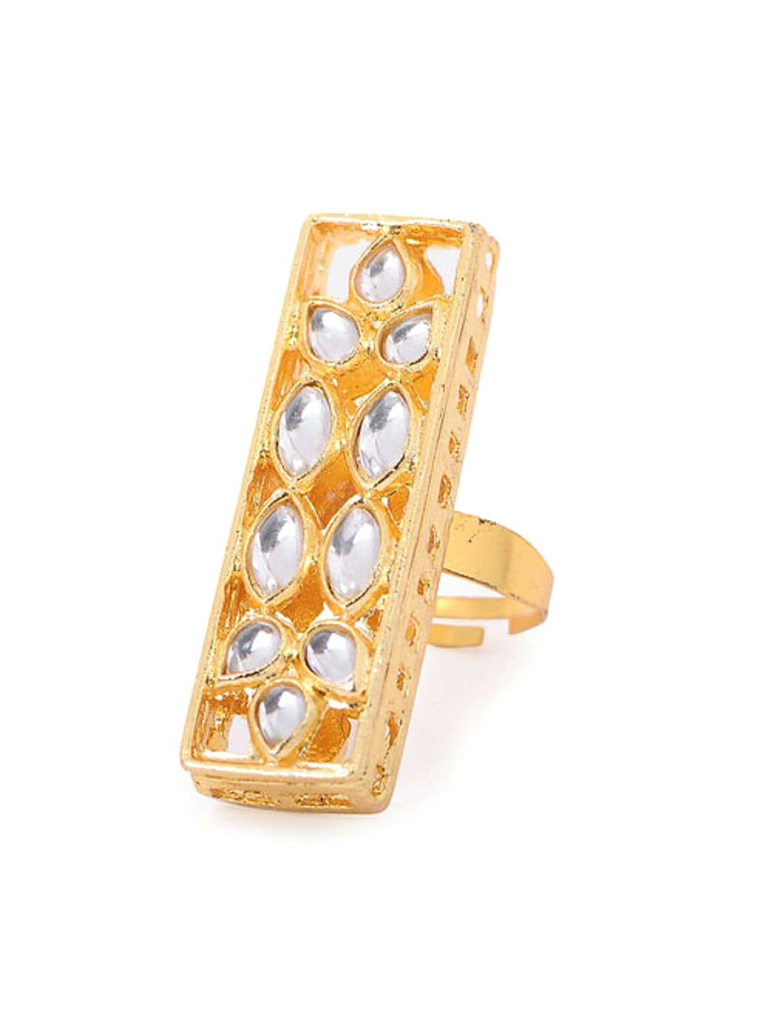 Bamboo Tree Jewels Gold-Plated White Kundan-Studded Adjustable Finger Ring Price in India