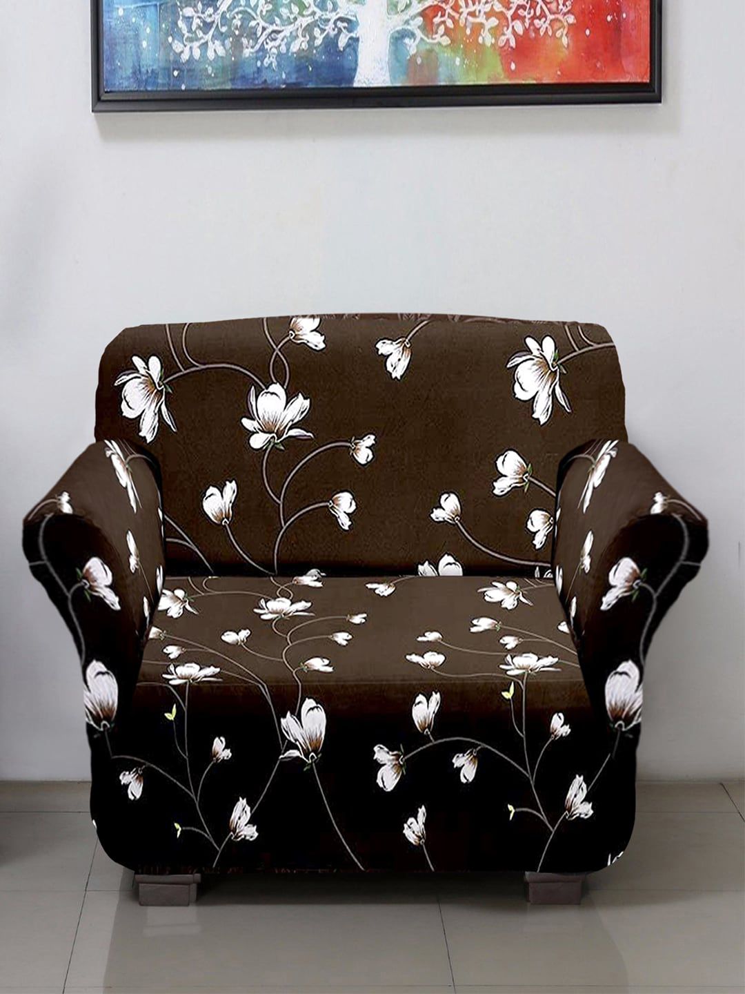 Kuber Industries Brown & White Printed Stretchable Single Seater Sofa Cover Price in India