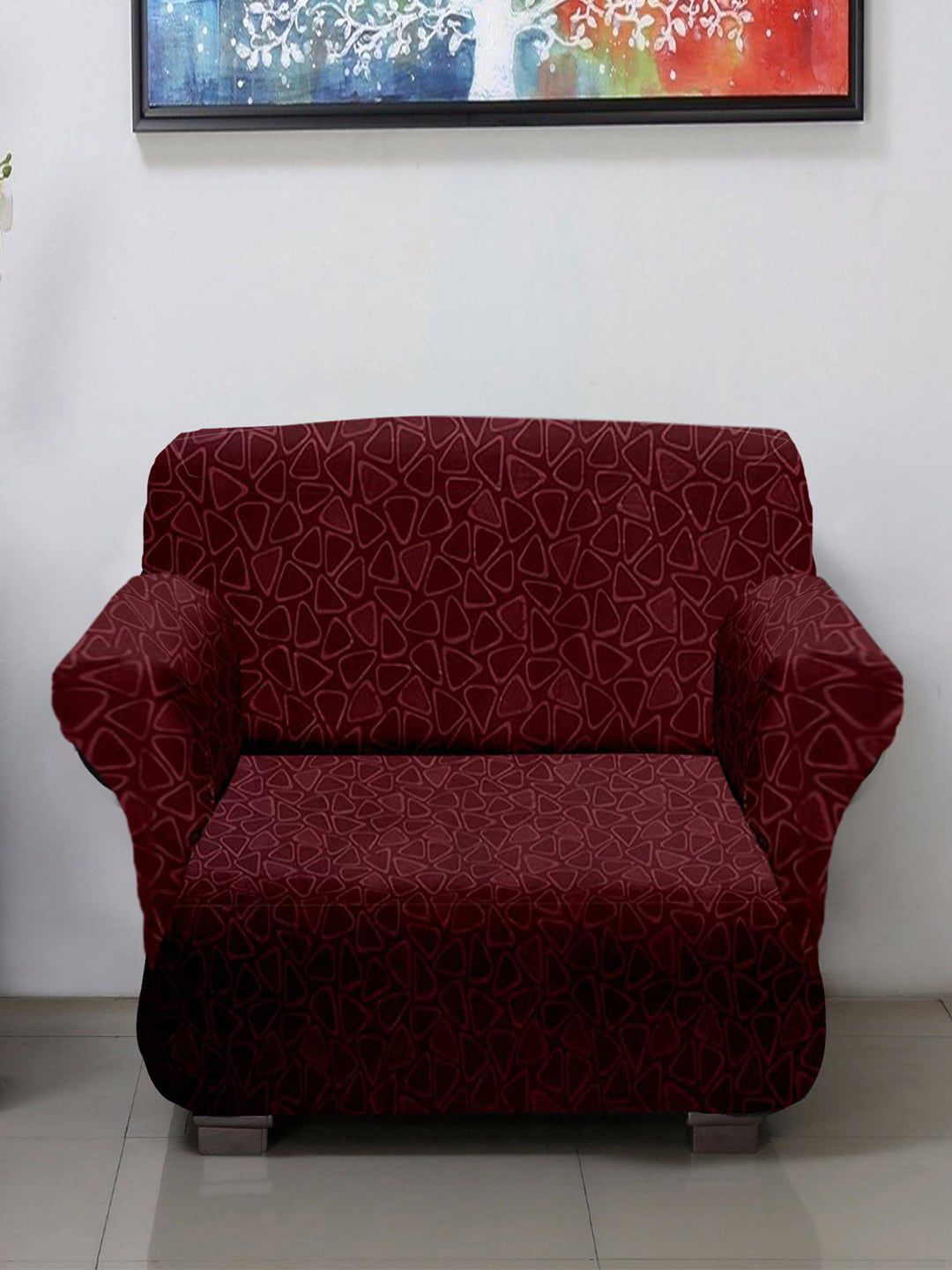 Kuber Industries Maroon Triangle Printed Single Seater Sofa Cover With Foam Stick Price in India