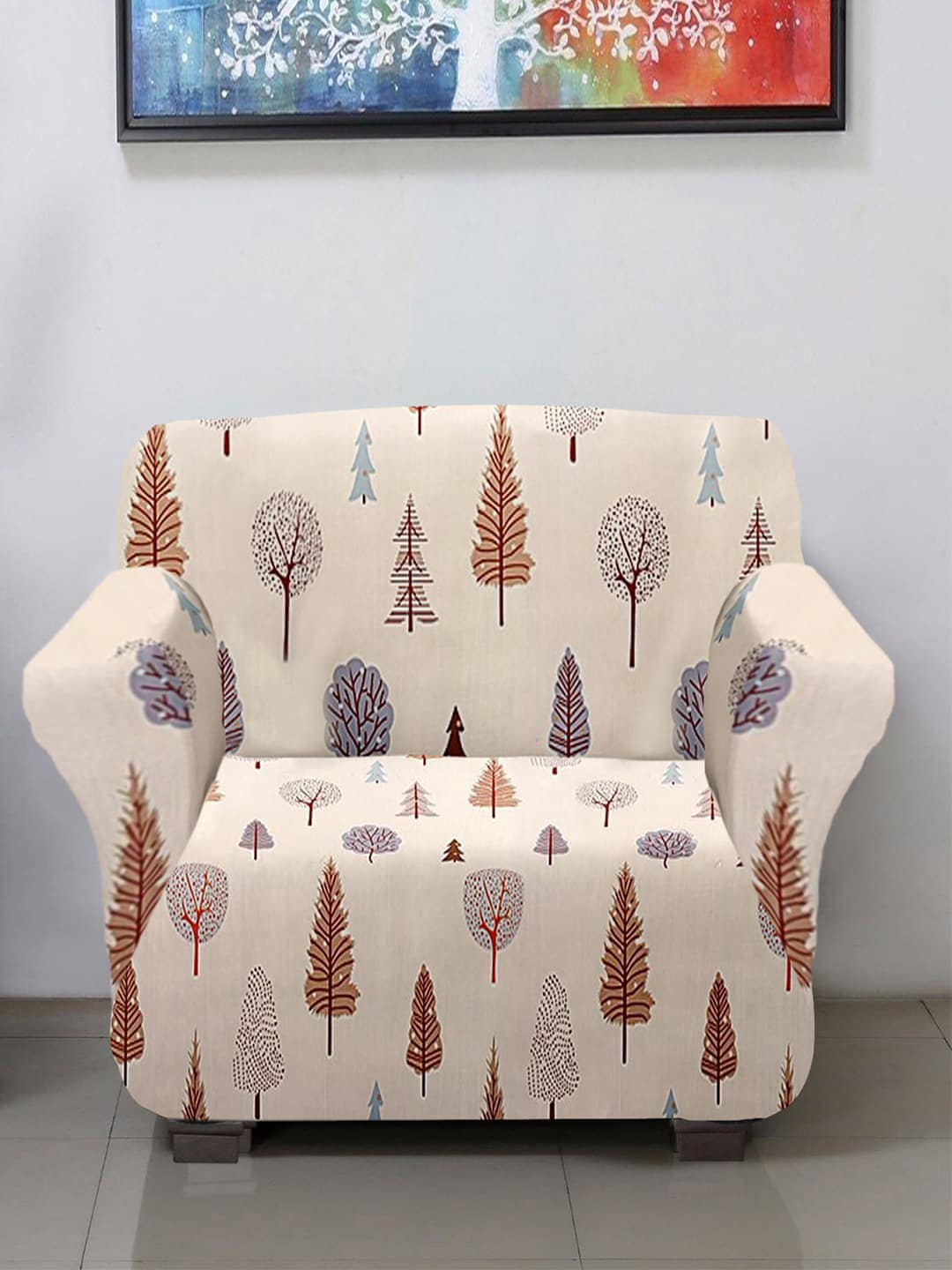 Kuber Industries Cream Coloured & Brown Leaf Printed Single Seater Sofa Cover With Foam Stick Price in India