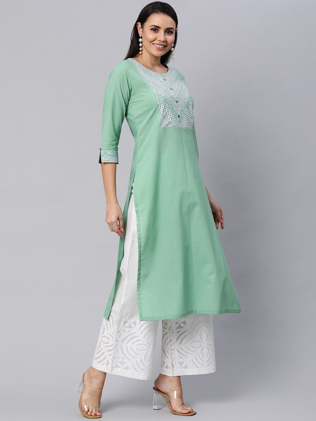KAMI KUBI Women Sea Green Yoke Design Round Neck Cotton Kurta Price in India