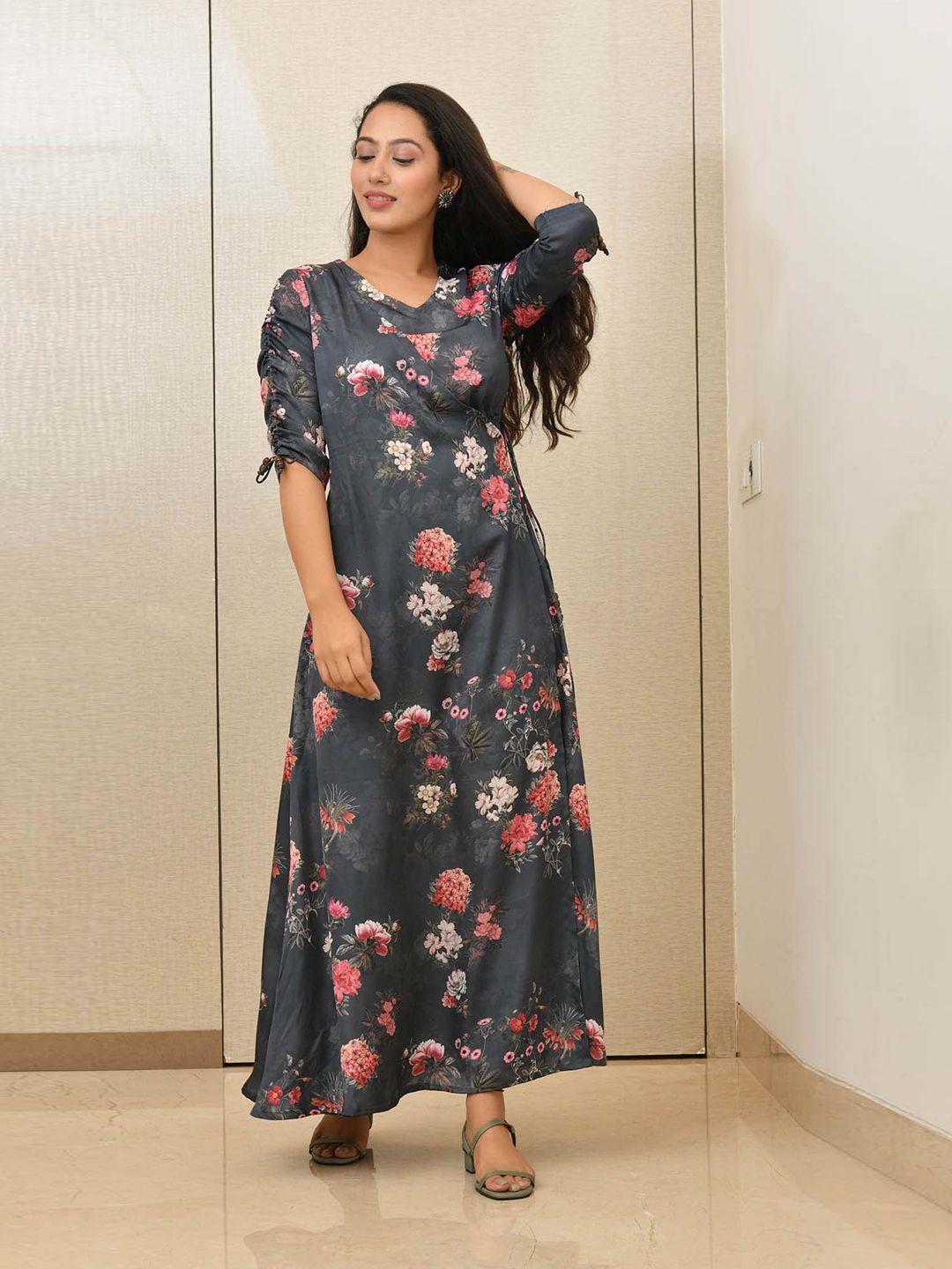 Mulmul By Arabella Grey Floral A-Line Maxi Dress Price in India