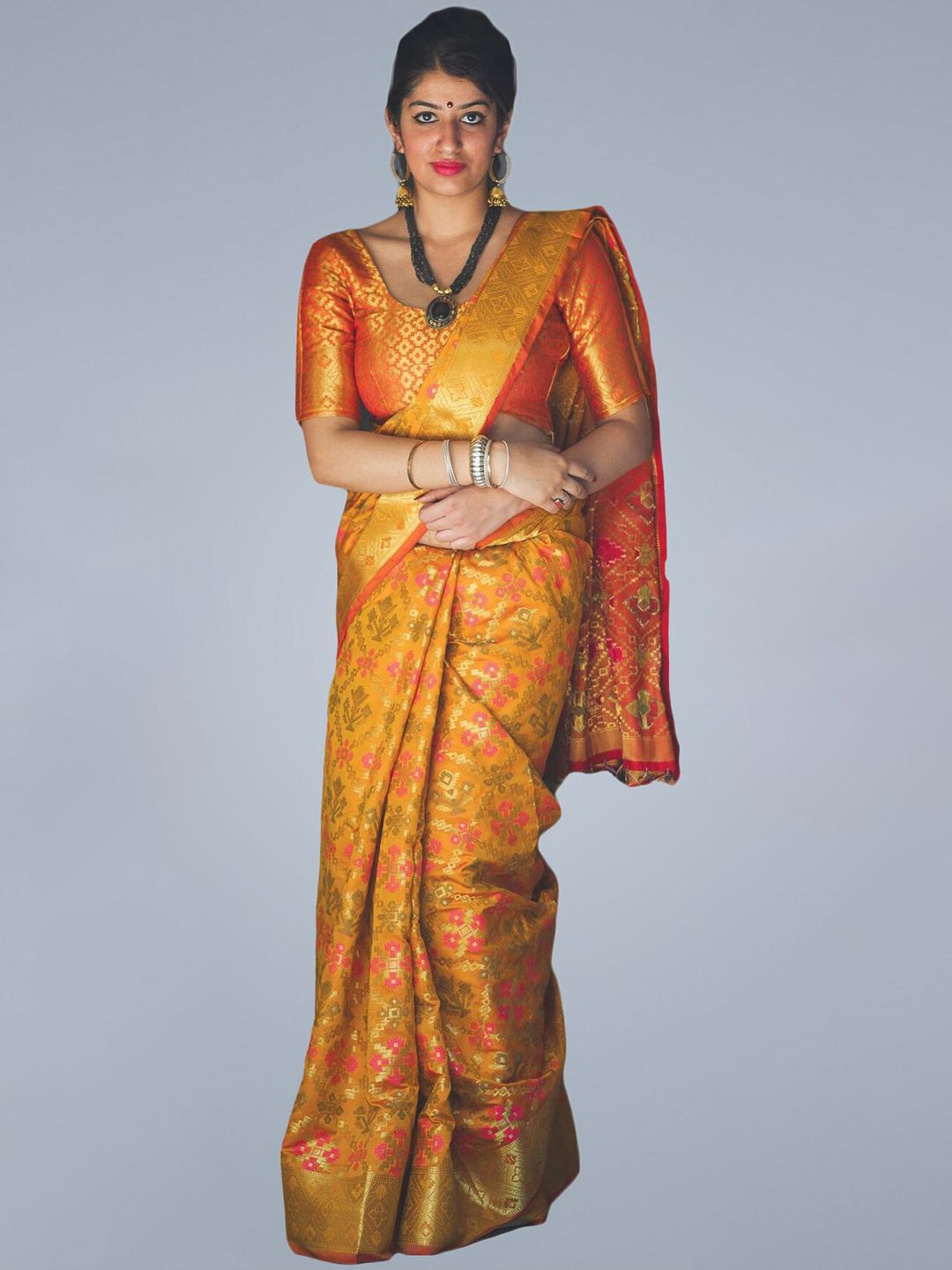 MS RETAIL Orange & Pink Ethnic Motifs Zari Silk Blend Patola Saree Price in India