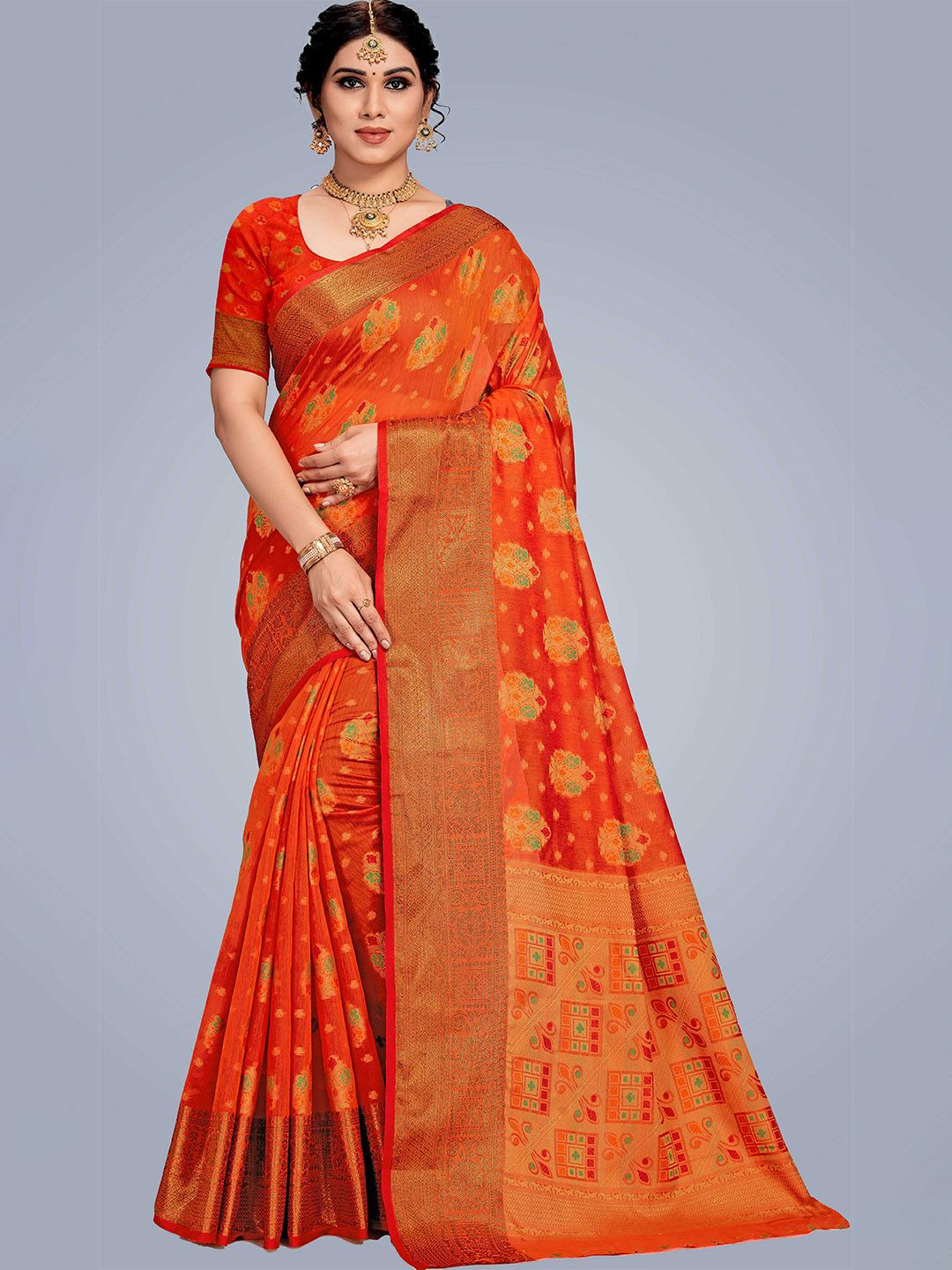 MS RETAIL Orange & Green Woven Design Zari Pure Cotton Chanderi Saree Price in India