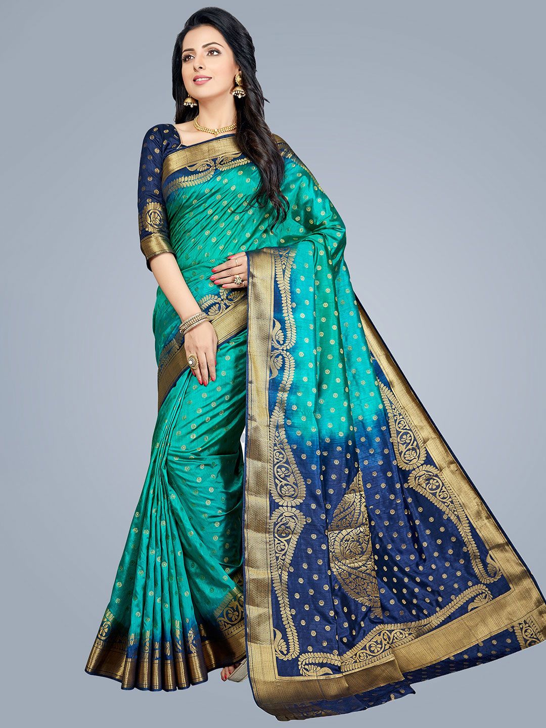 MS RETAIL Teal & Black Woven Design Zari Silk Blend Kanjeevaram Saree Price in India