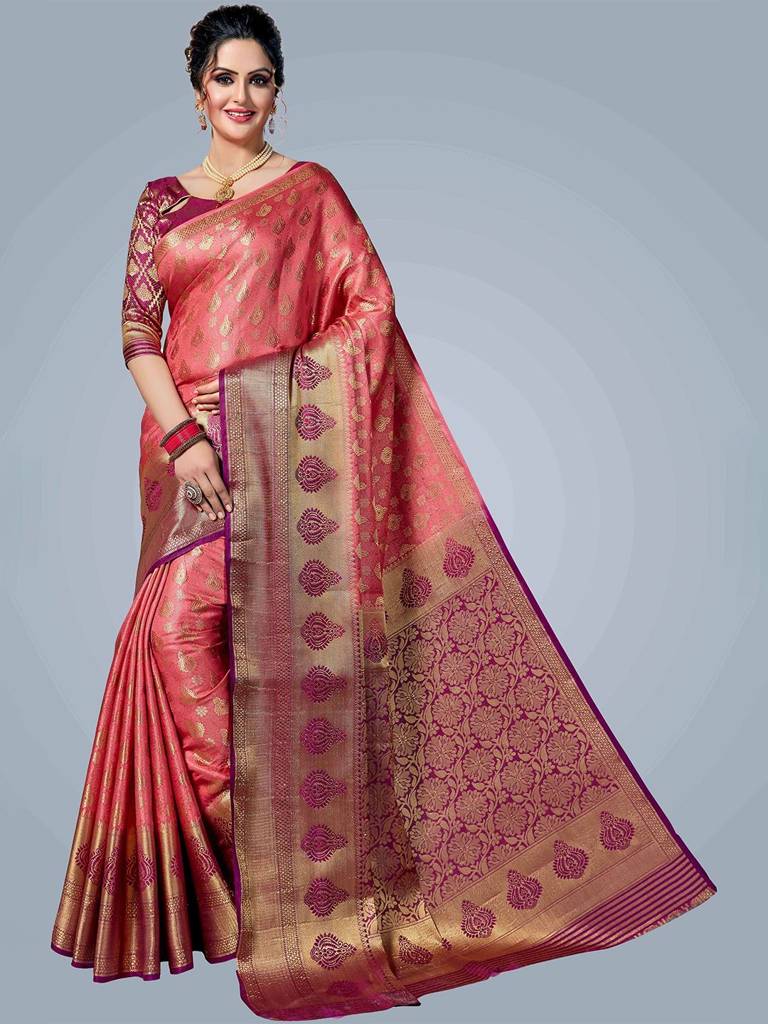 MS RETAIL Pink & Pink Woven Design Zari Silk Blend Kanjeevaram Saree Price in India