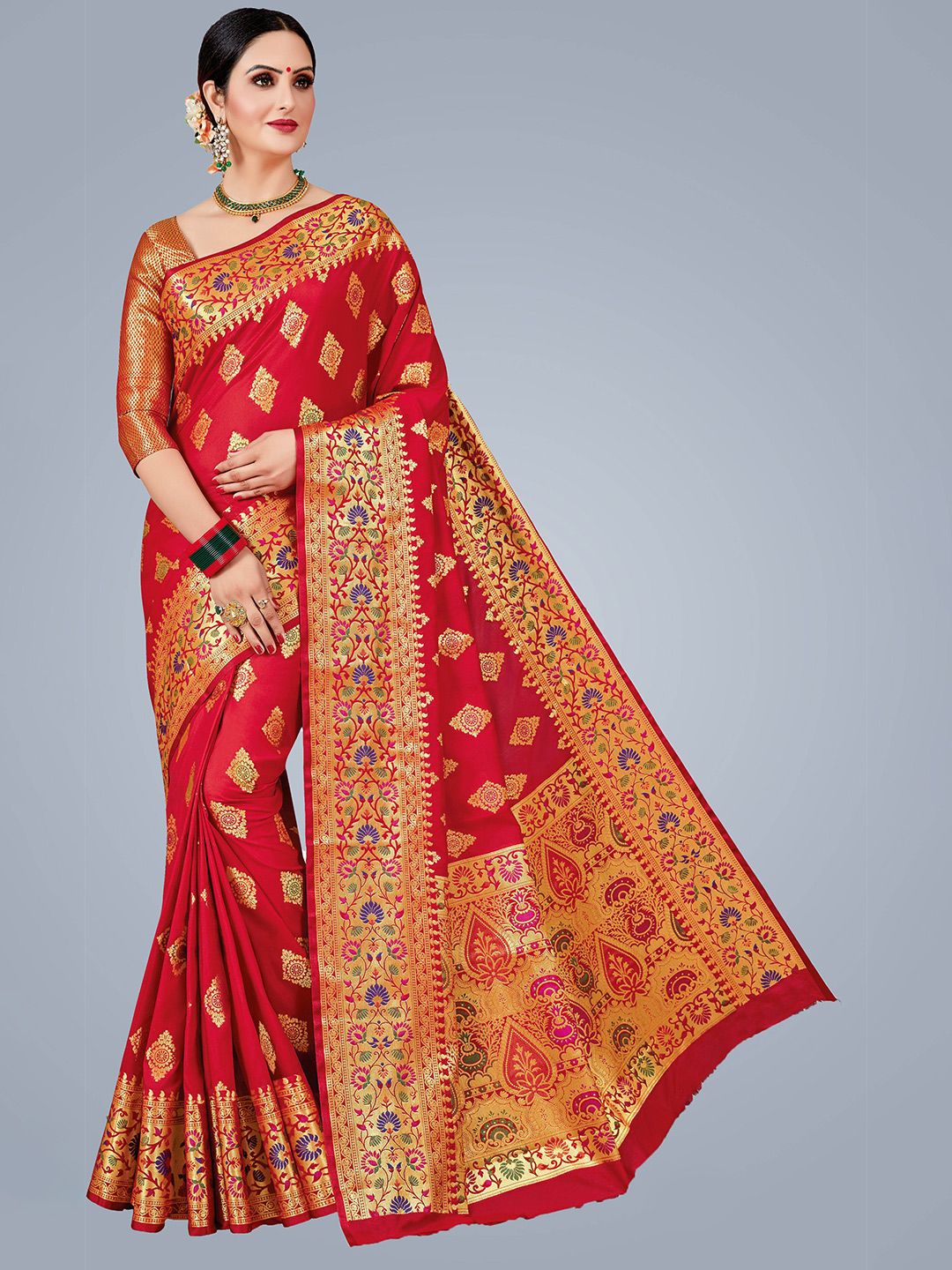 MS RETAIL Red & Gold-Toned Woven Design Zari Silk Blend Banarasi Saree Price in India