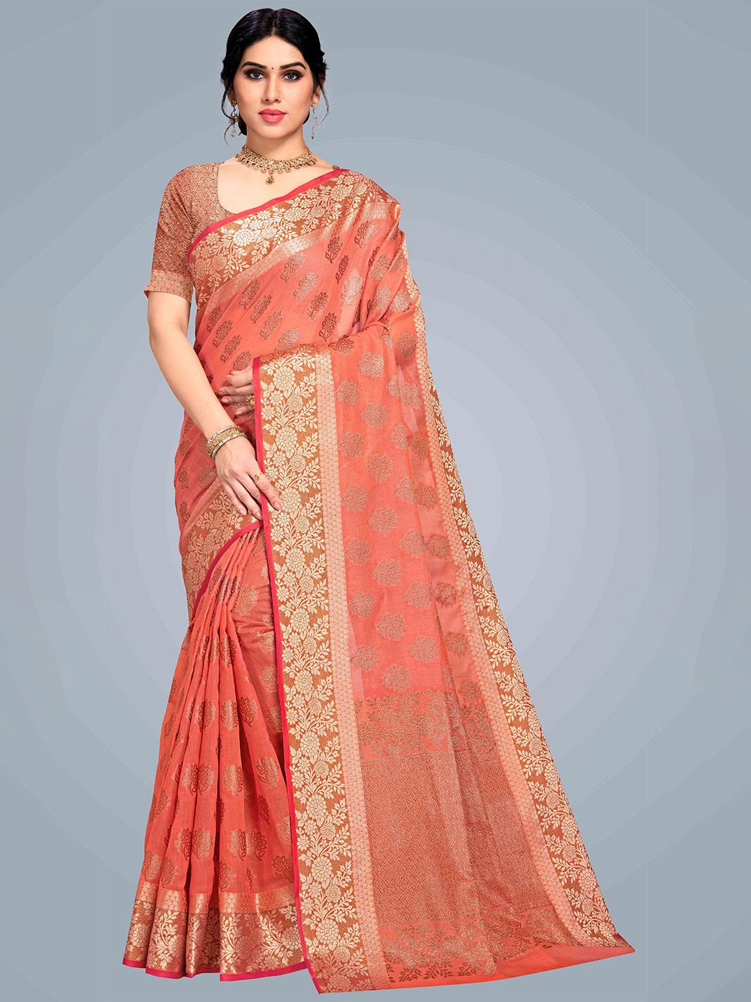 MS RETAIL Orange Woven Design Pure Cotton Chanderi Saree Price in India