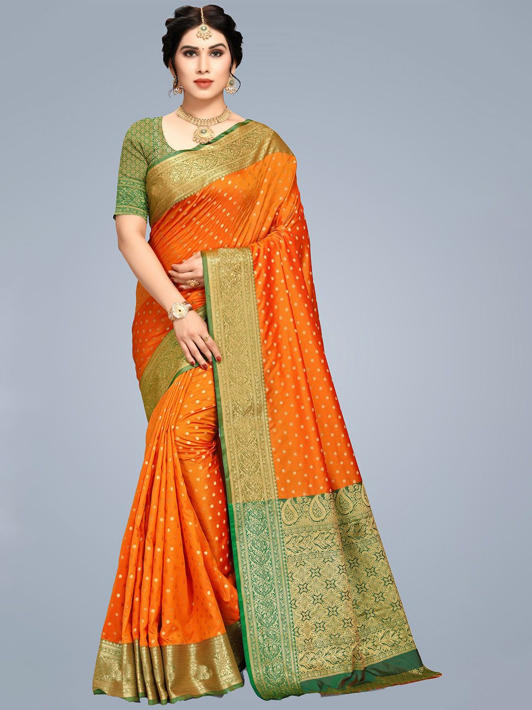 MS RETAIL Mustard & Green Woven Design Zari Silk Blend Banarasi Saree Price in India