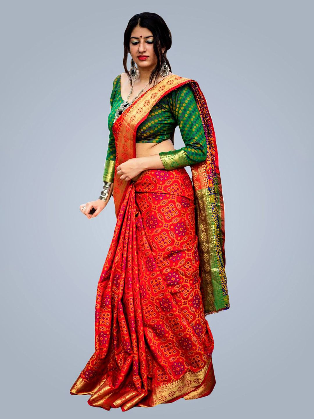 MS RETAIL Red & Green Ethnic Motifs Zari Silk Blend Patola Saree Price in India