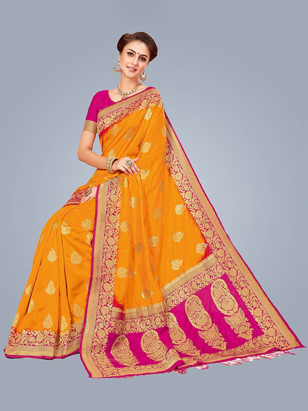 MS RETAIL Yellow & Pink Woven Design Zari Silk Blend Kanjeevaram Saree Price in India