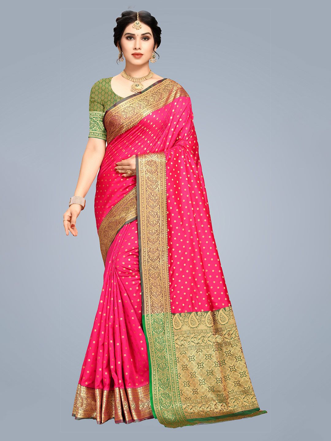 MS RETAIL Pink & Green Woven Design Zari Silk Blend Banarasi Saree Price in India