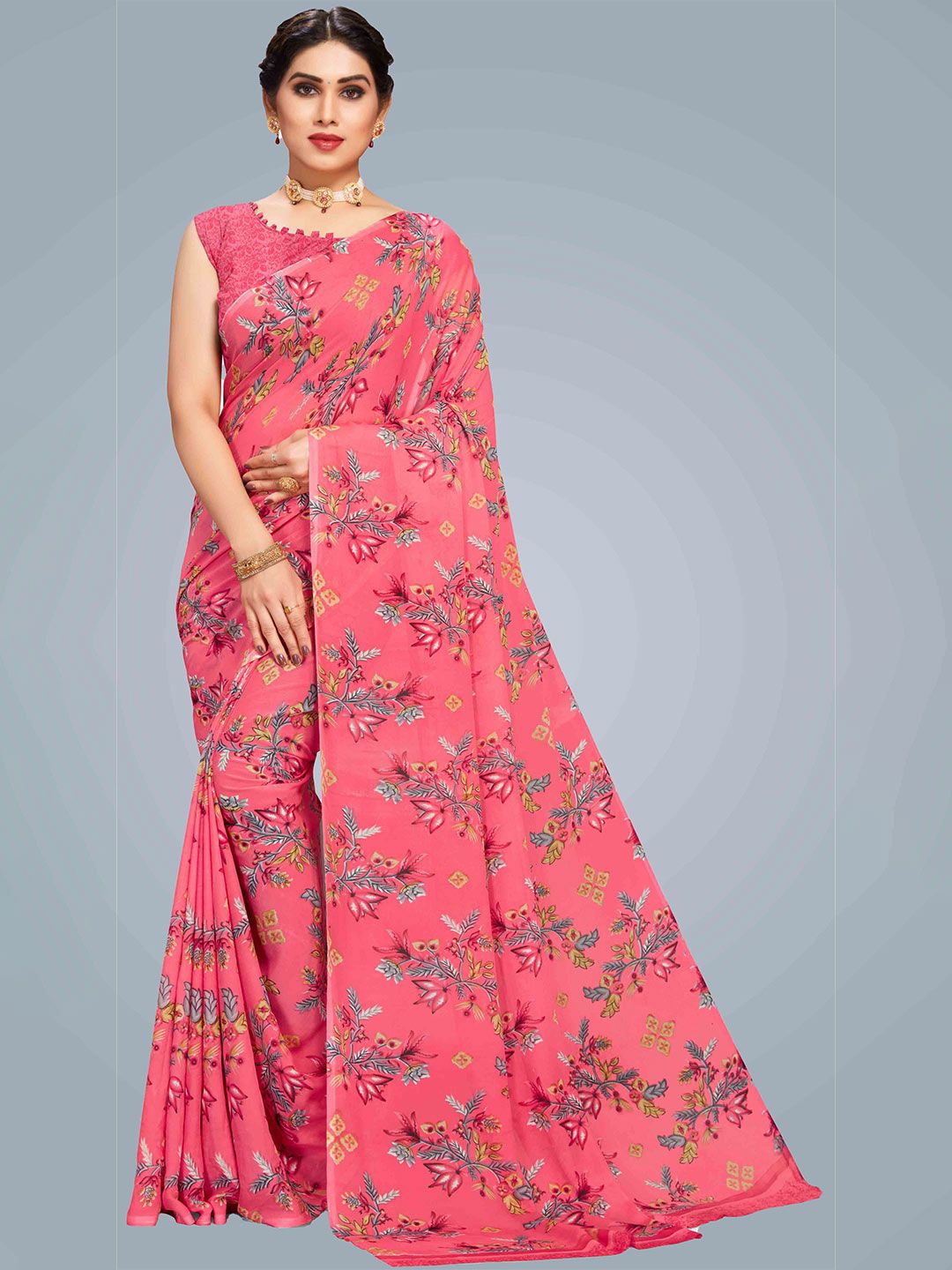 MS RETAIL Pink & Grey Floral Pure Georgette Block Print Saree Price in India