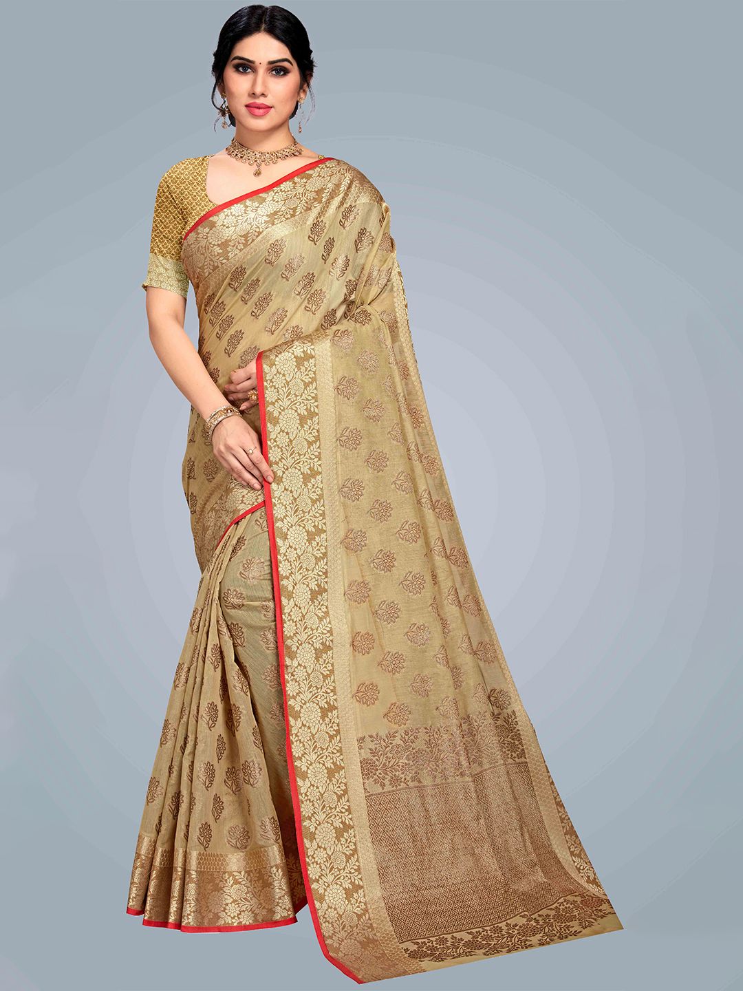 MS RETAIL Camel Brown & Red Woven Design Zari Pure Cotton Chanderi Saree Price in India