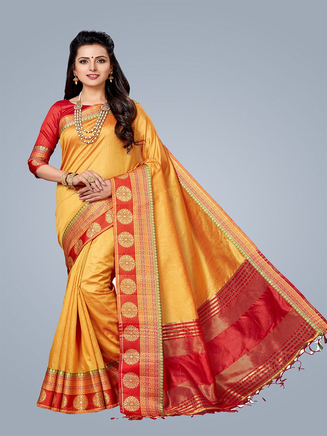 MS RETAIL Yellow & Red Zari Art Silk Dharmavaram Saree Price in India