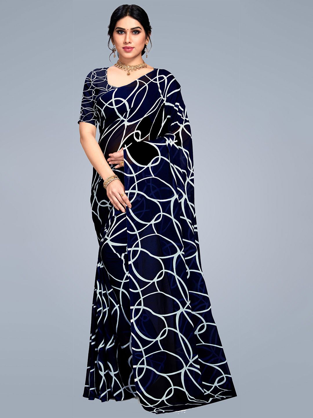 MS RETAIL Navy Blue & White Pure Georgette Block Print Saree Price in India
