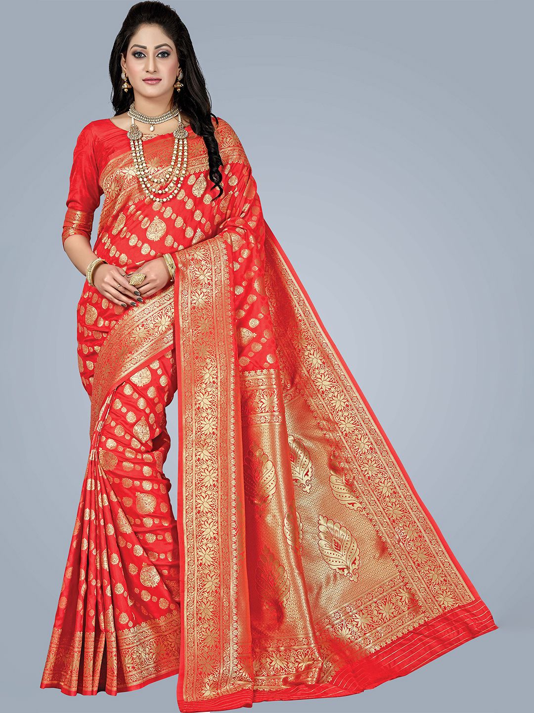 MS RETAIL Red & Gold-Toned Woven Design Zari Silk Blend Banarasi Saree Price in India