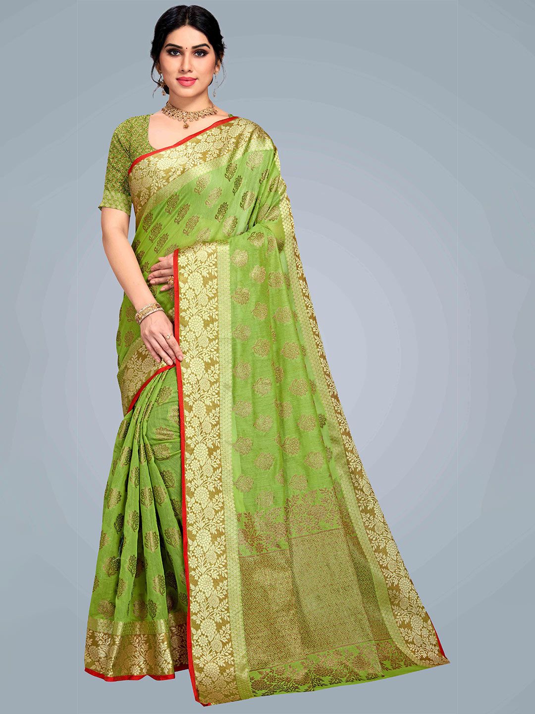 MS RETAIL Lime Green & Gold-Toned Woven Design Pure Cotton Chanderi Saree Price in India