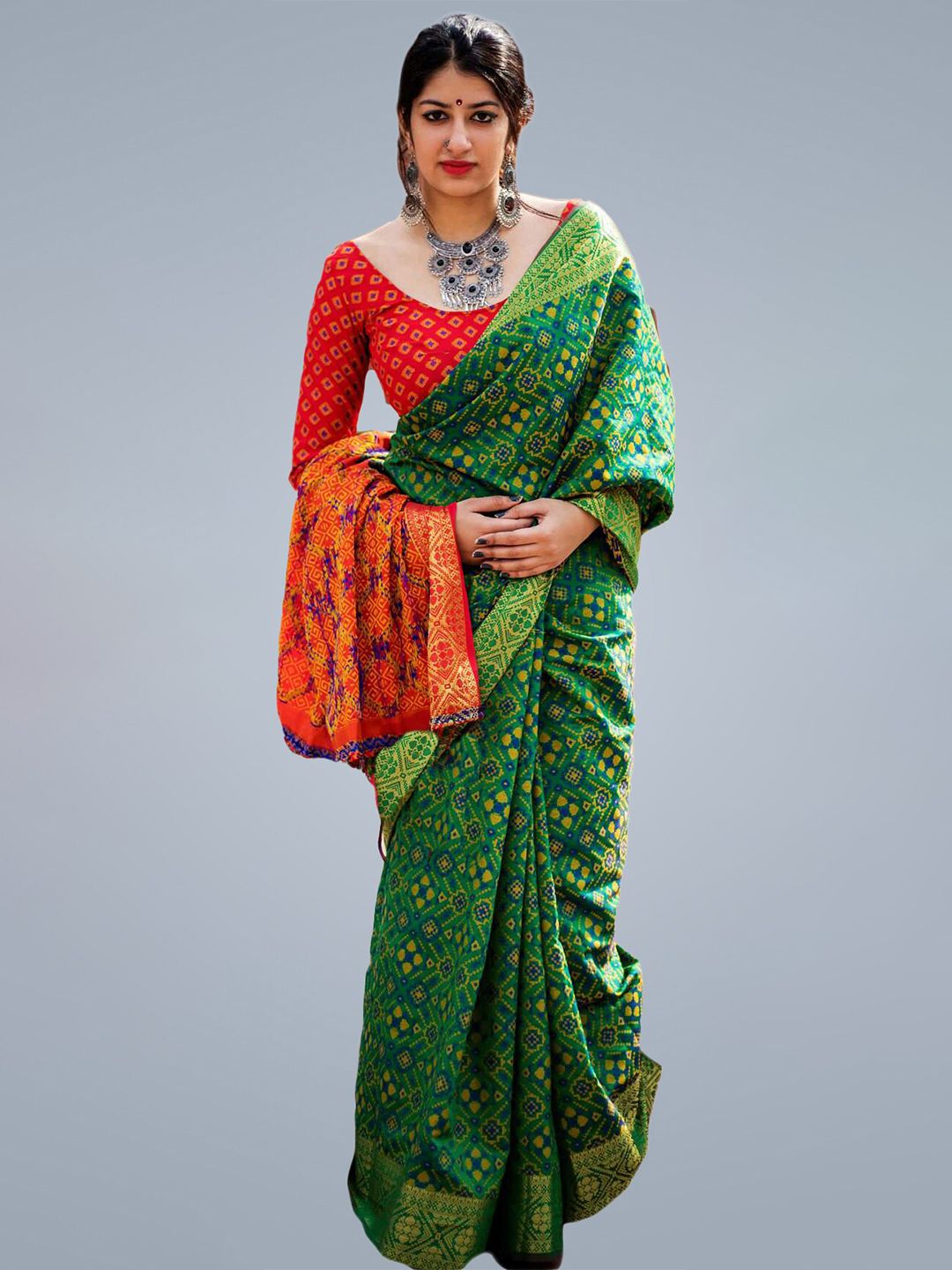 MS RETAIL Green & Blue Woven Design Silk Blend Patola Saree Price in India