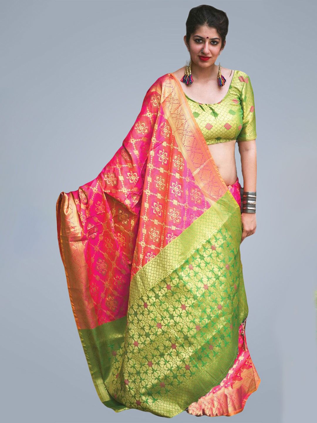 MS RETAIL Pink & Green Ethnic Motifs Zari Silk Blend Patola Saree Price in India