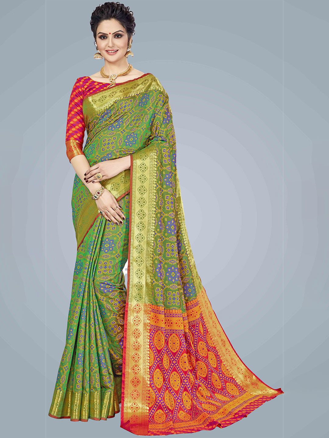 MS RETAIL Green & Orange Woven Design Zari Silk Blend Patola Saree Price in India