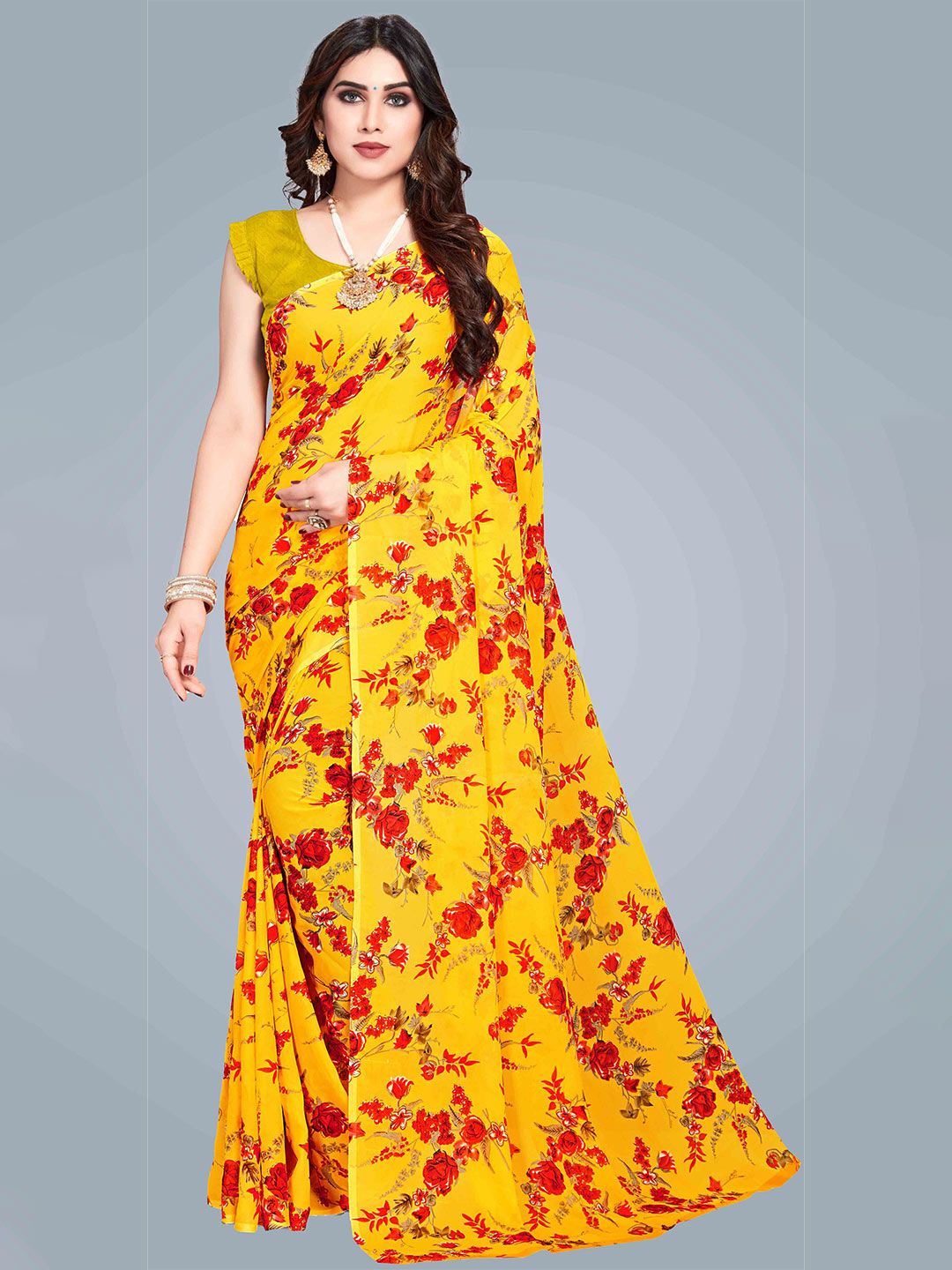 MS RETAIL Yellow & Red Floral Zari Pure Georgette Block Print Saree Price in India