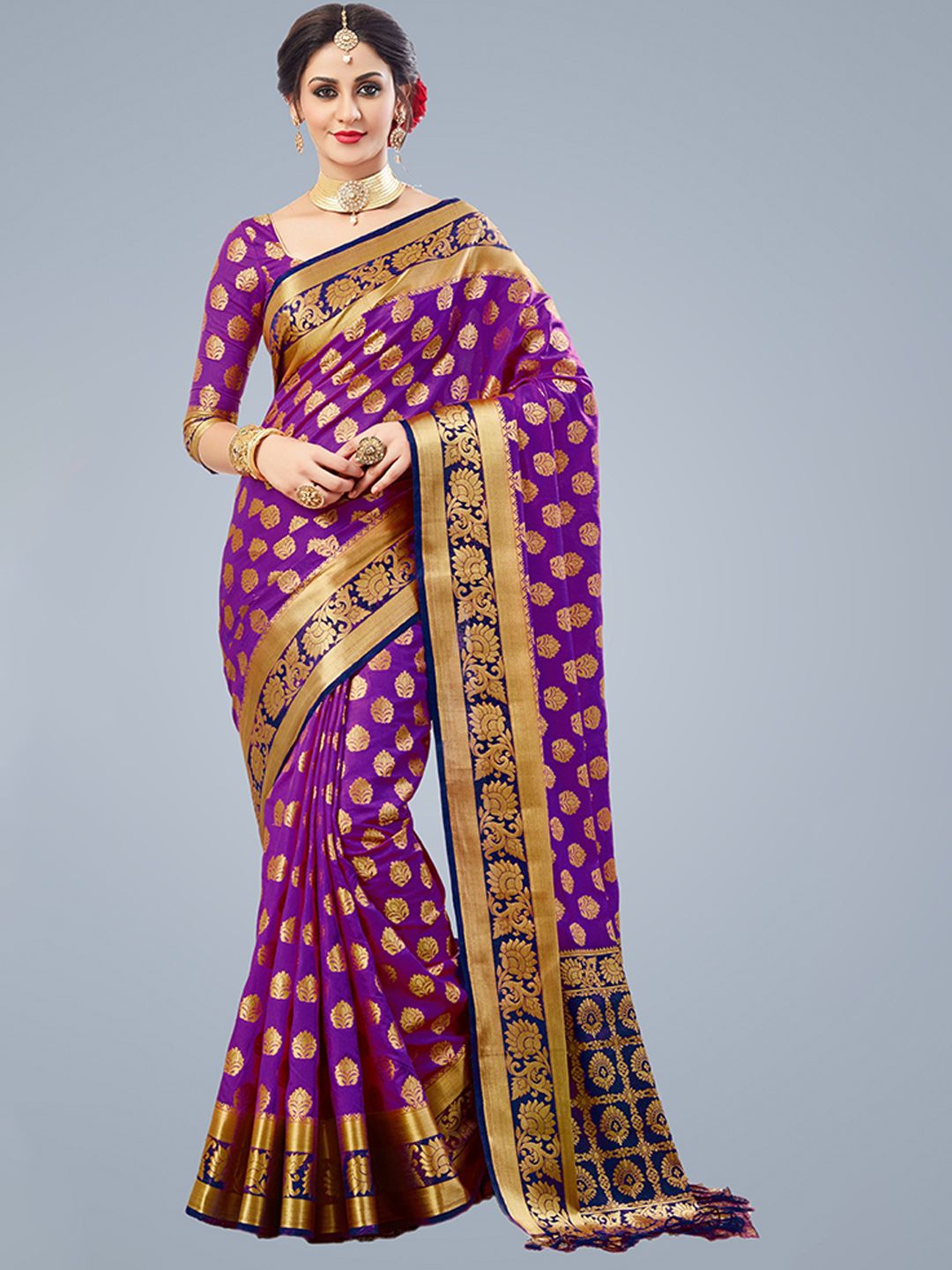 MS RETAIL Violet Woven Design Silk Blend Kanjeevaram Saree Price in India