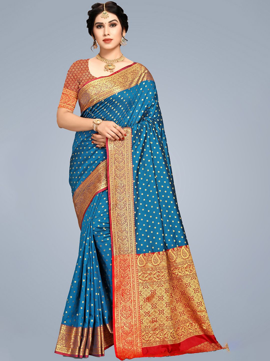 MS RETAIL Turquoise Blue & Red Woven Design Zari Silk Blend Banarasi Saree Price in India