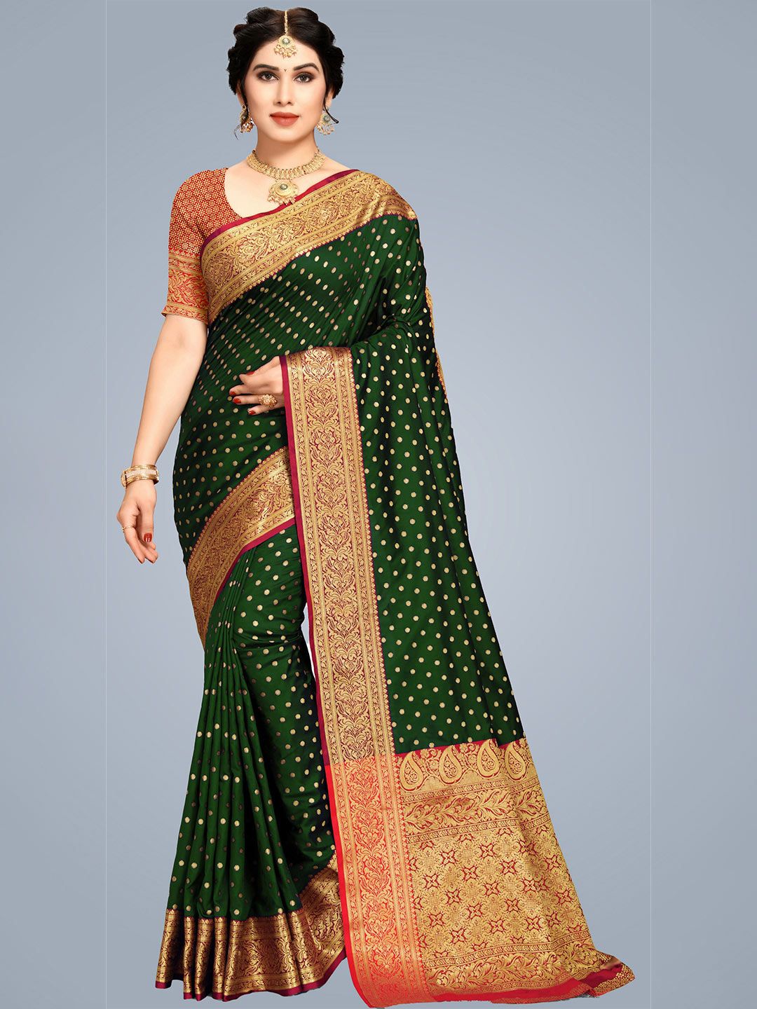 MS RETAIL Green & Red Silk Blend Banarasi Saree Price in India