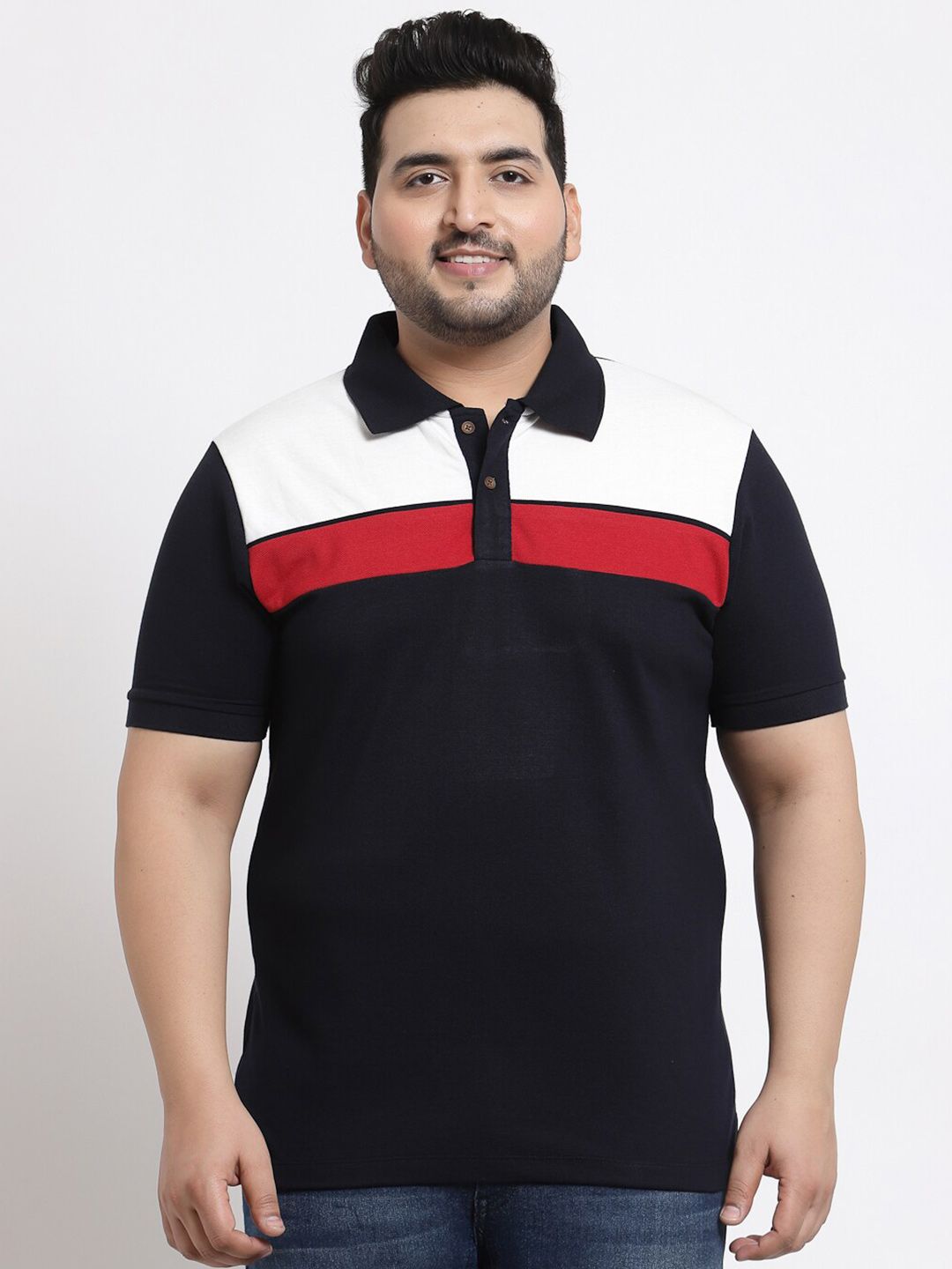 Kalt Men Plus Size Navy Blue & Red Colourblocked Polo Collar T-shirt
