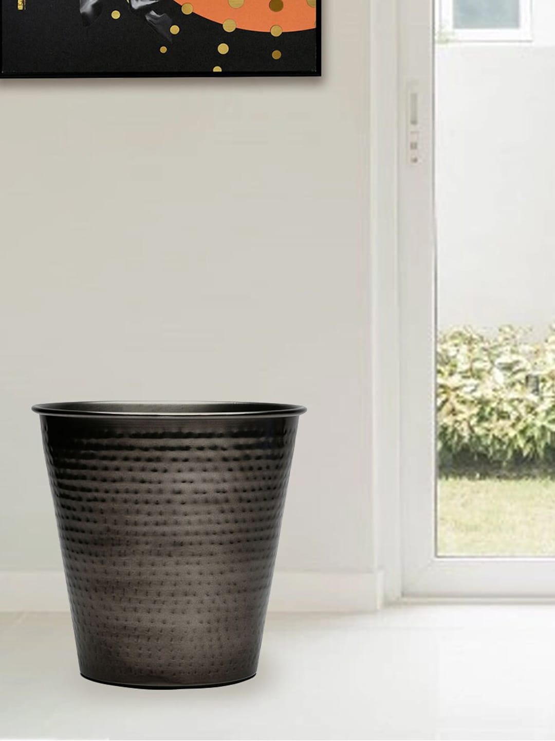 Athome by Nilkamal Black Self Design Wave Shiny Metal Open Dustbin Price in India