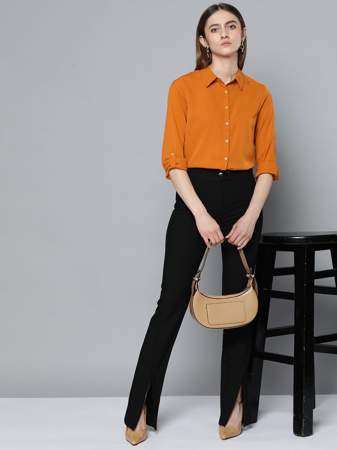 Chemistry Women Coral Orange Roll-up Sleeves Casual Shirt Price in India