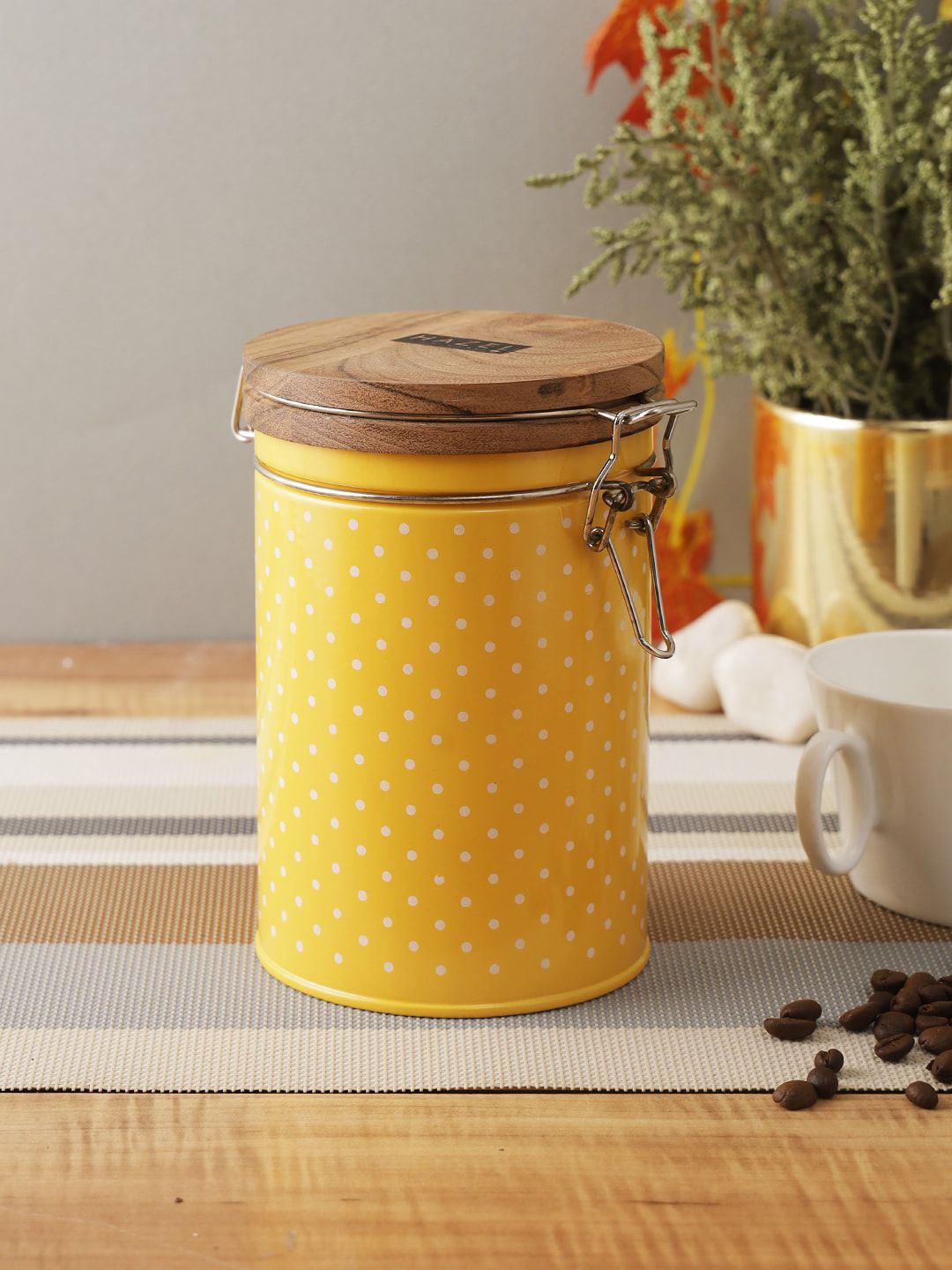 HAZEL Yellow  Polka Dot Design Kitchen Storage with Wooden Lid Price in India