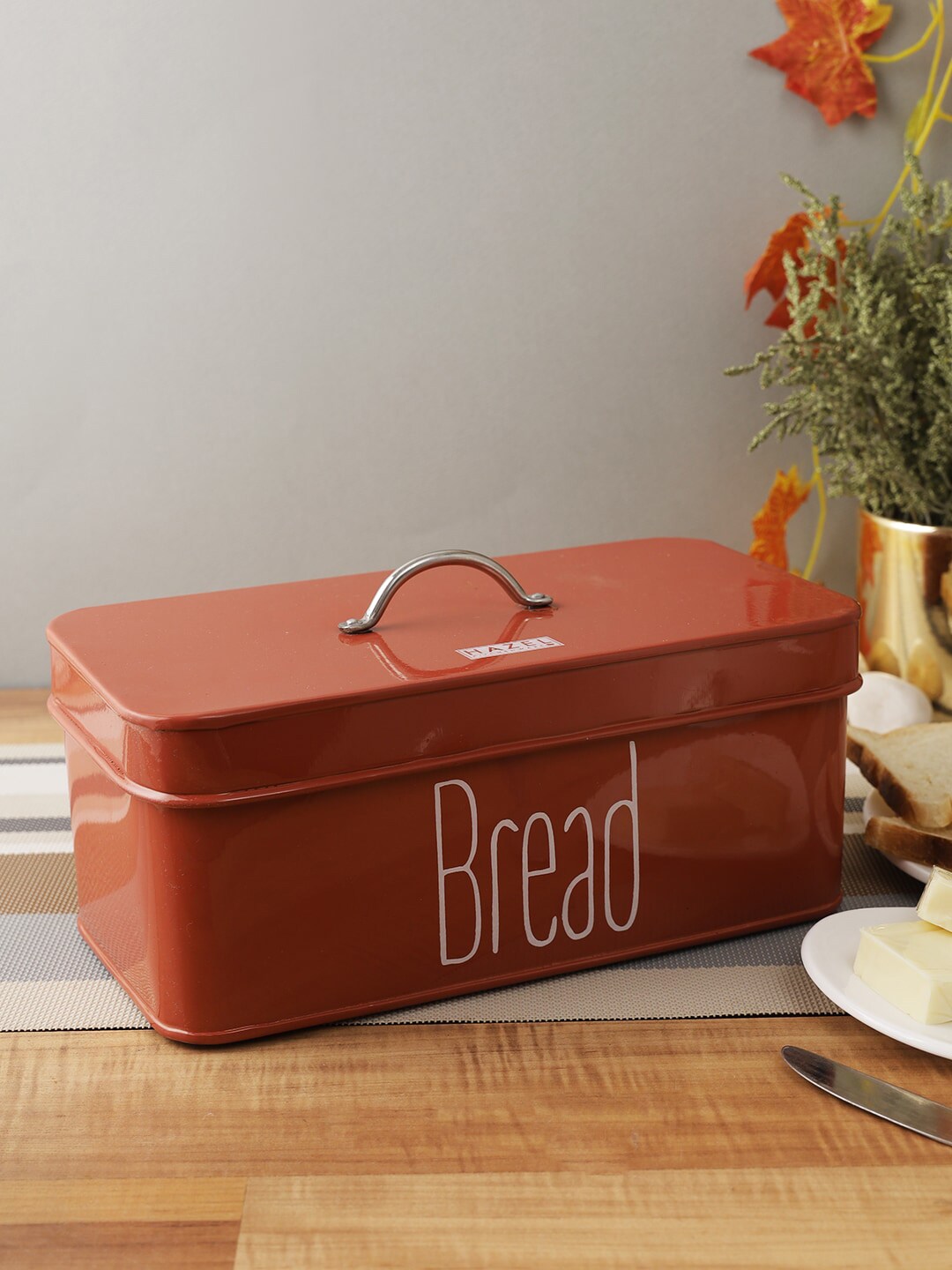 HAZEL Red Printed Metal Bread Box with Handle Lid Price in India