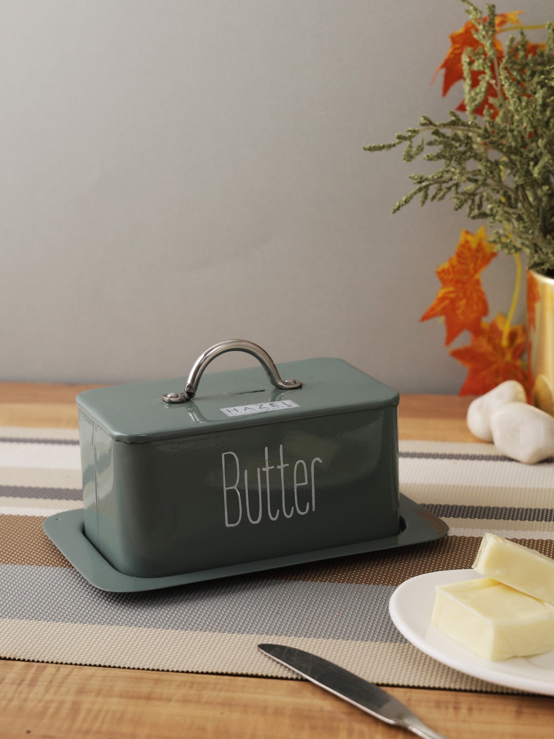 HAZEL Grey Printed Metal Butter Storage Box With Handle Lid Price in India