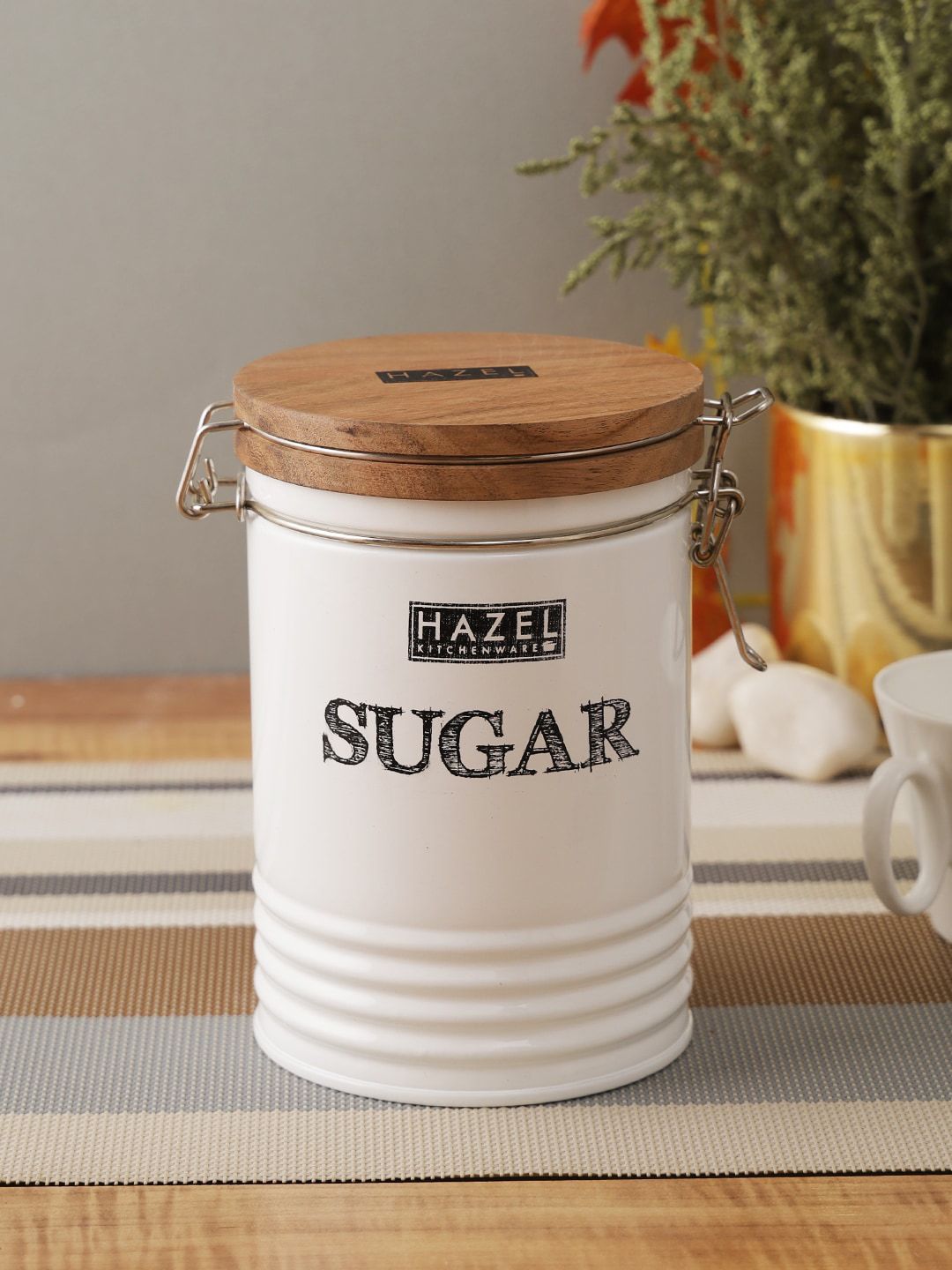 HAZEL White & Brown Printed Sugar Container with Wooden Lid Price in India