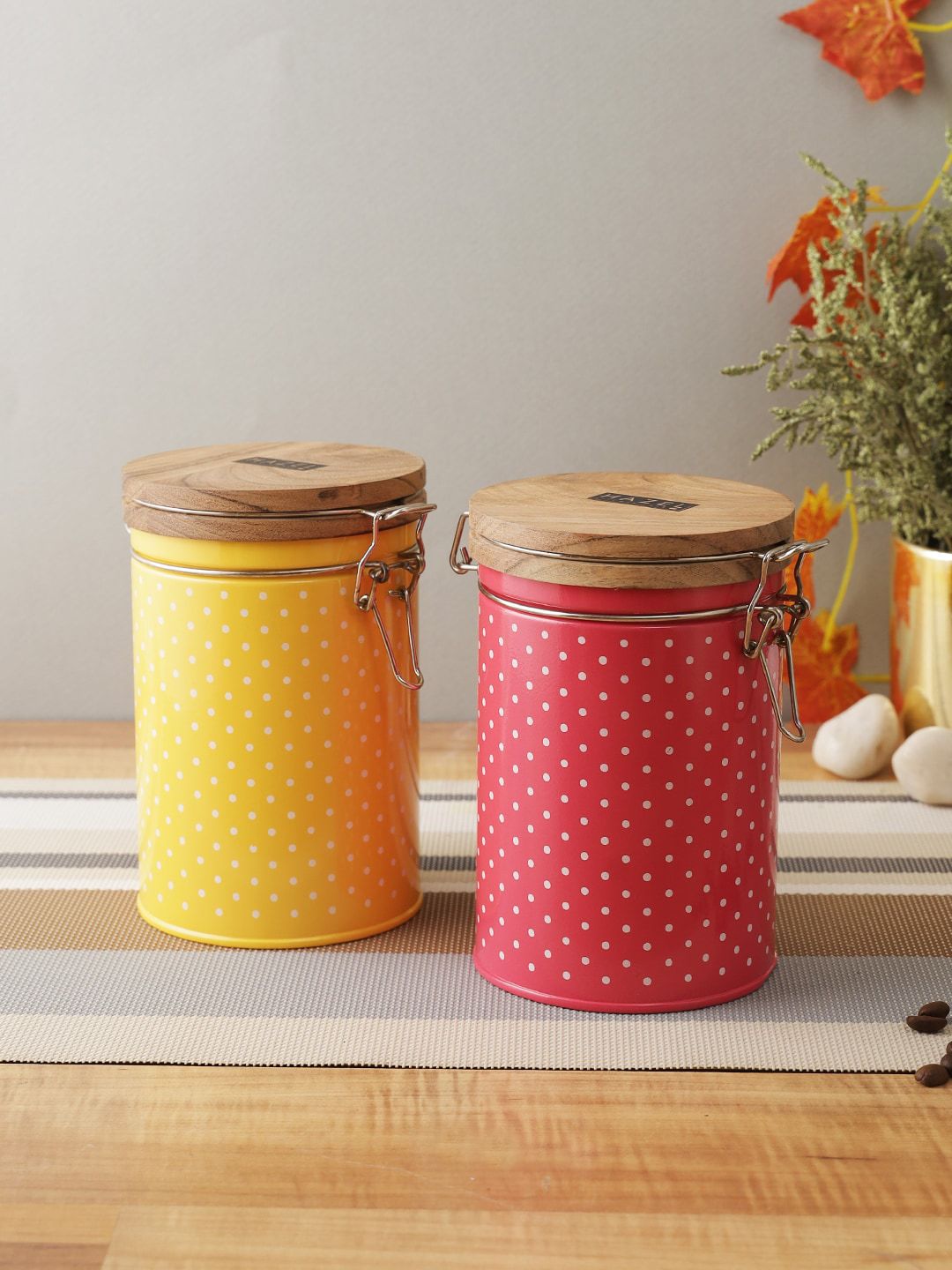 HAZEL Set Of 2 Pink & Yellow Polka Dot Printed  Kitchen Storage Box Price in India
