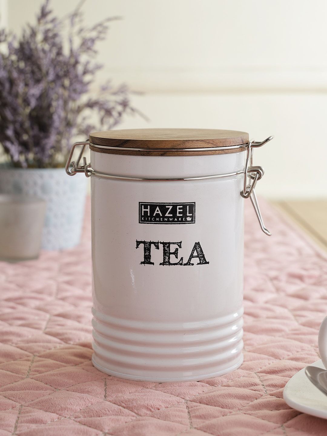 HAZEL White Printed Tea Container with Wooden Lid Price in India