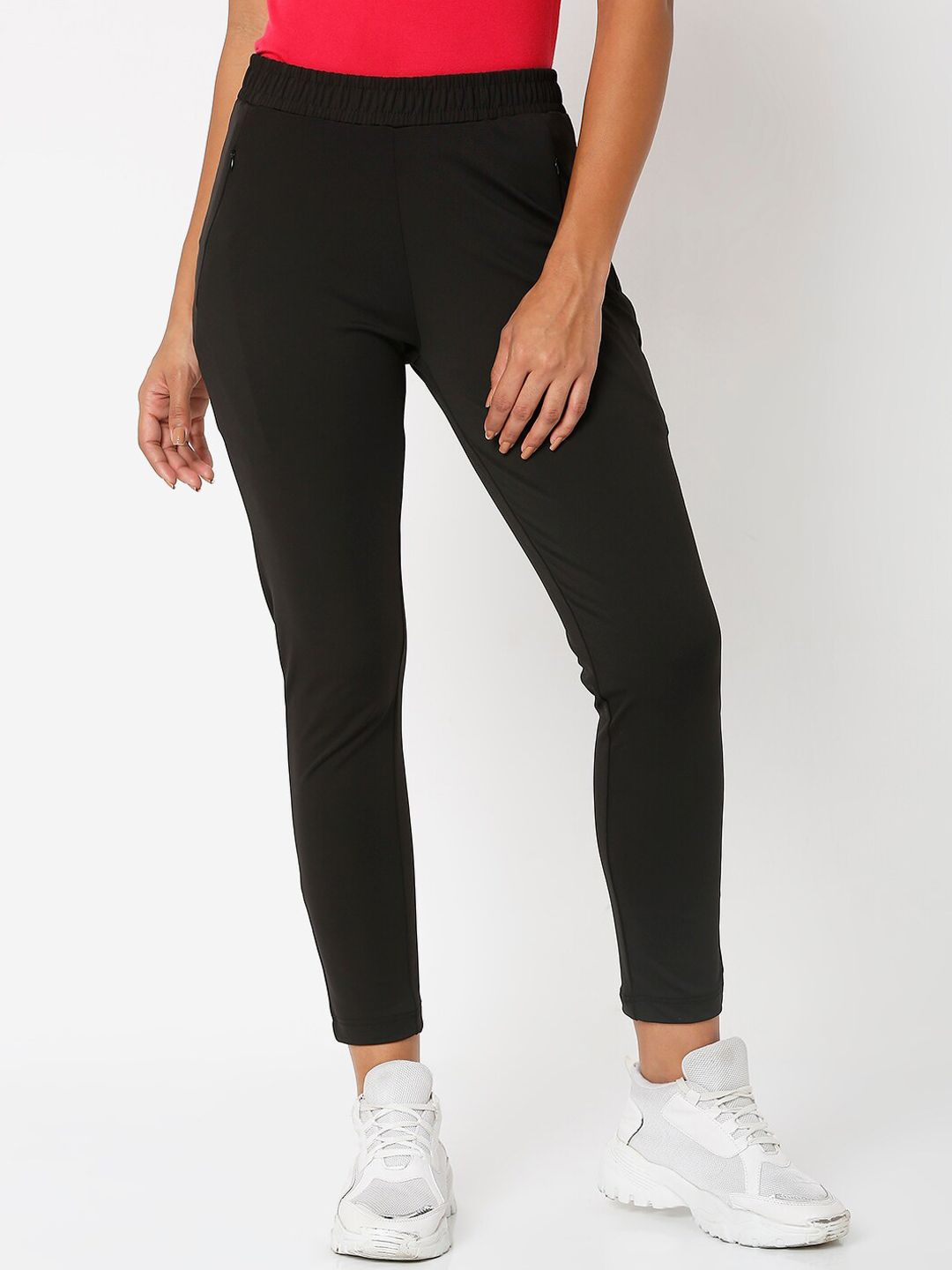 Smarty Pants Women Black Solid Cotton Skinny Fit High-Rise Joggers Trousers Price in India