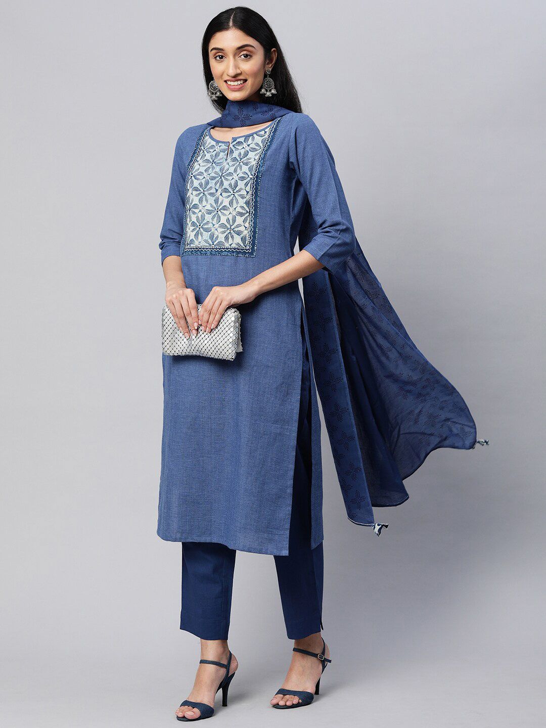 KAMI KUBI Blue & White Pure Cotton Unstitched Dress Material Price in India