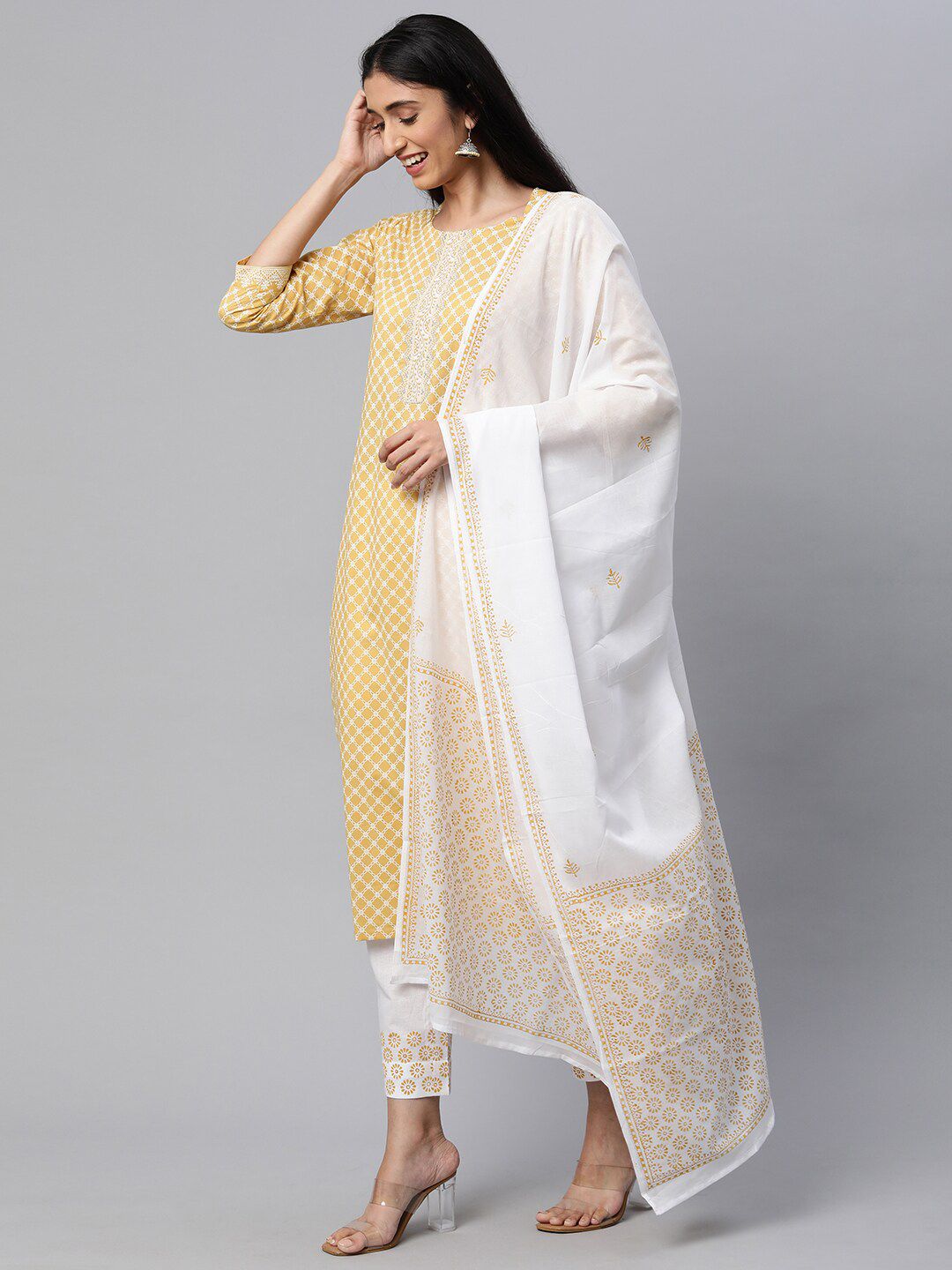 KAMI KUBI Mustard & White Printed Pure Cotton Unstitched Dress Material Price in India